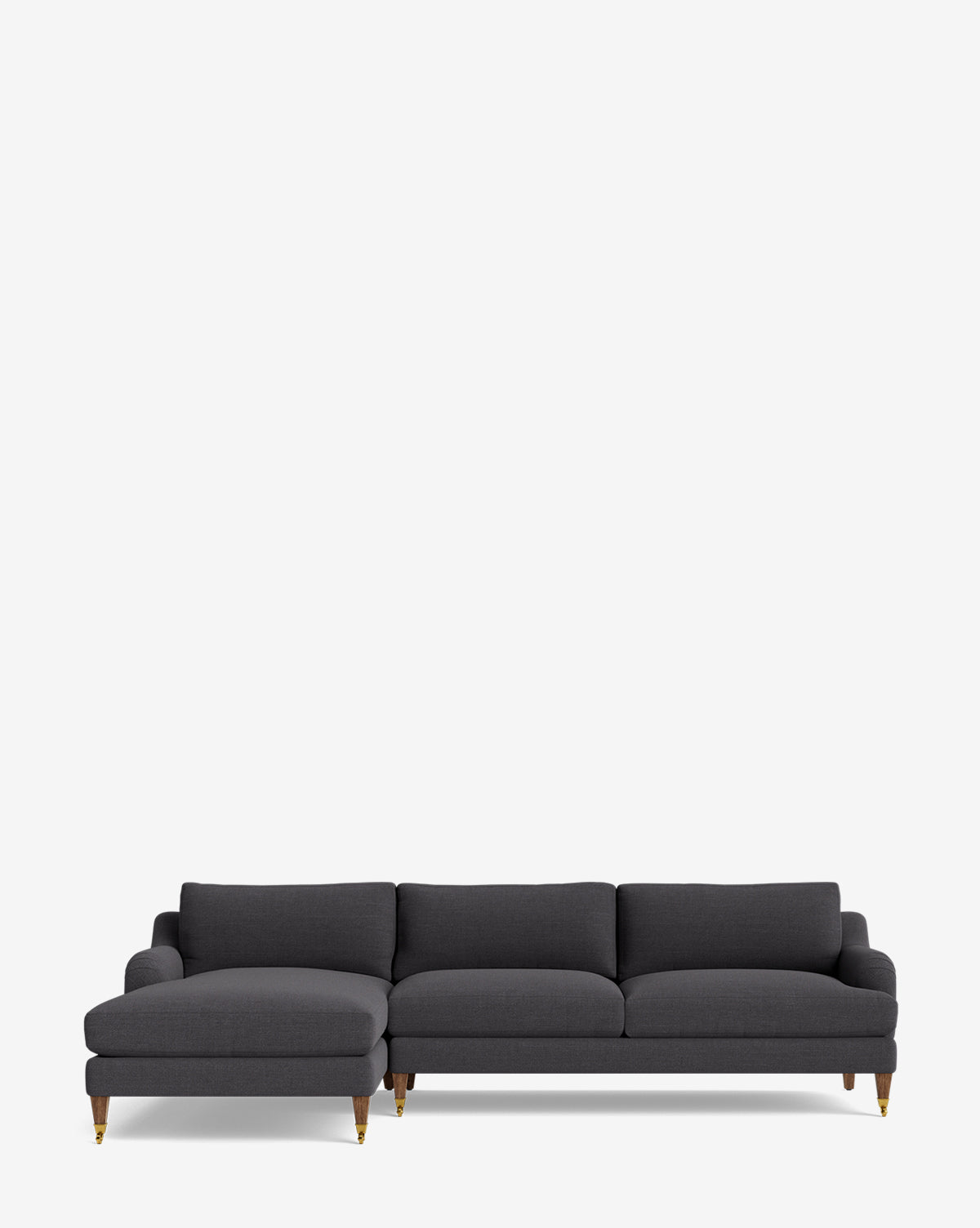 The Lucille English Roll Arm Left Chaise Sectional 107 in modern dark gray features plush cushions and wooden legs with gold-colored metal tips, shown against a plain white background by Vendixs