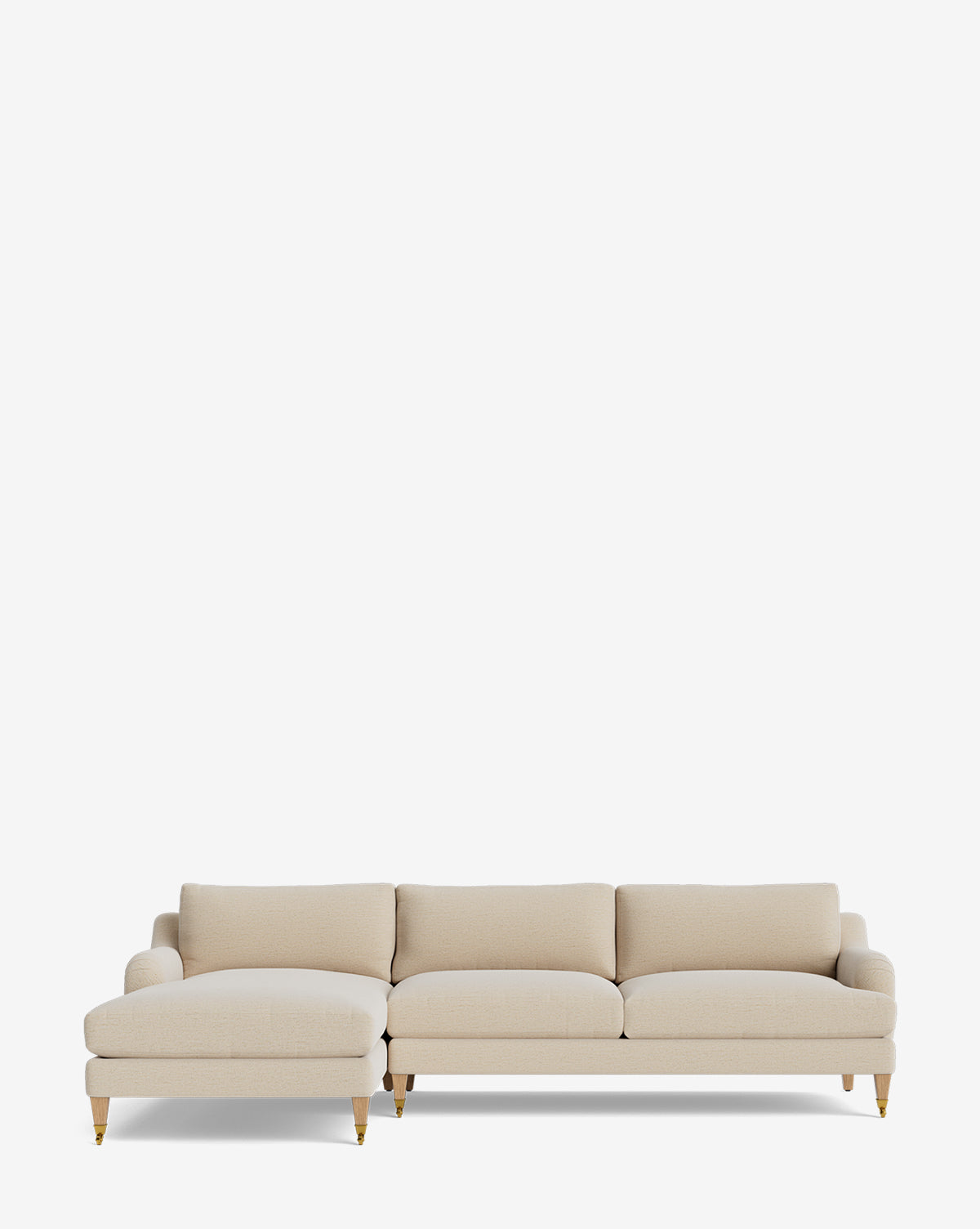 The Lucille English Roll Arm Left Chaise Sectional 107 by Community features three seat and back cushions, a customizable chaise, wooden legs with brass caps, and down wrapped cushions in beige, set against a white background. Vendixs