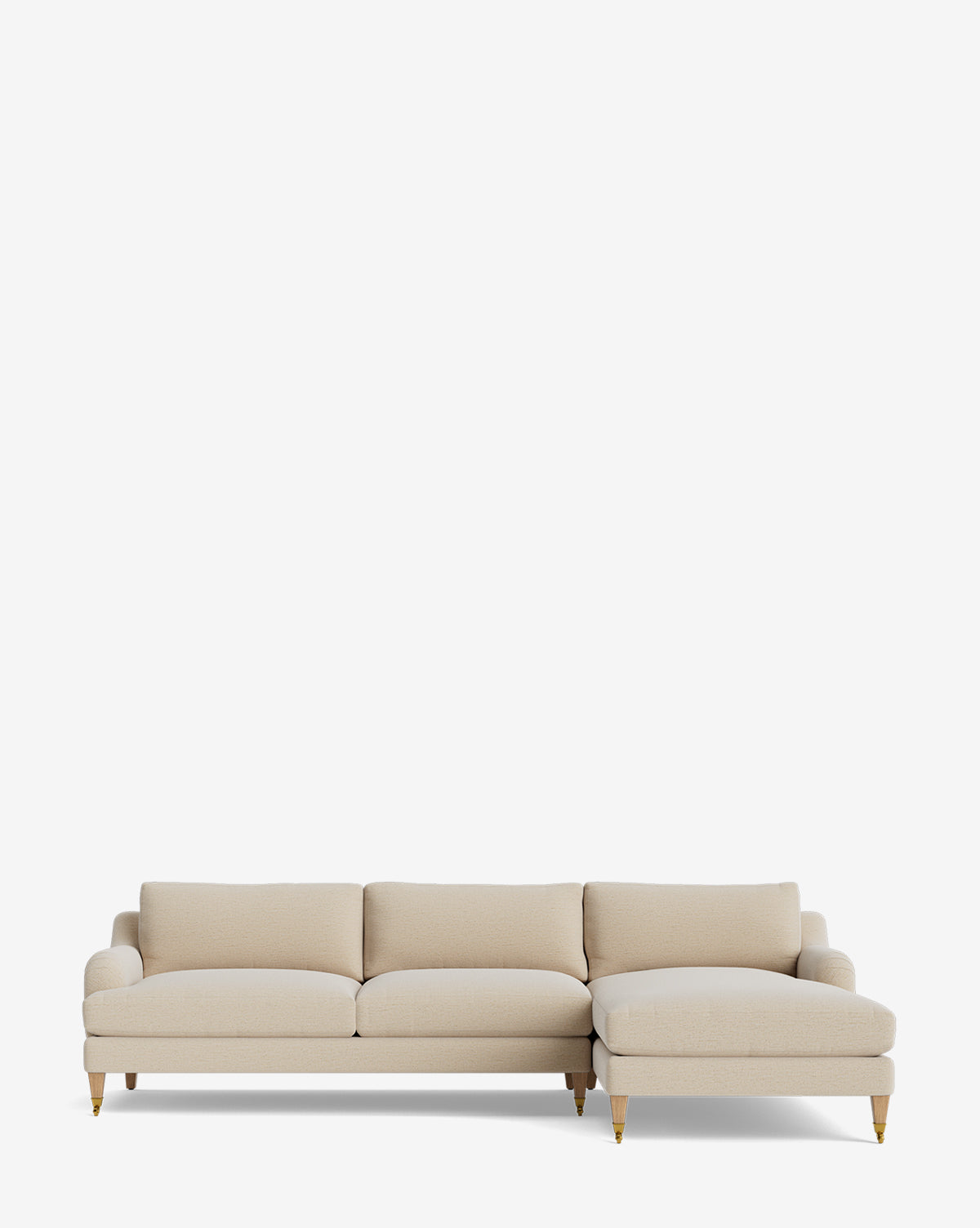 The Community Lucille English Roll Arm Right Chaise Sectional 107 features down-wrapped cushions, three seat cushions, a right-side chaise lounge, and wooden legs, shown on a plain white background. Vendixs
