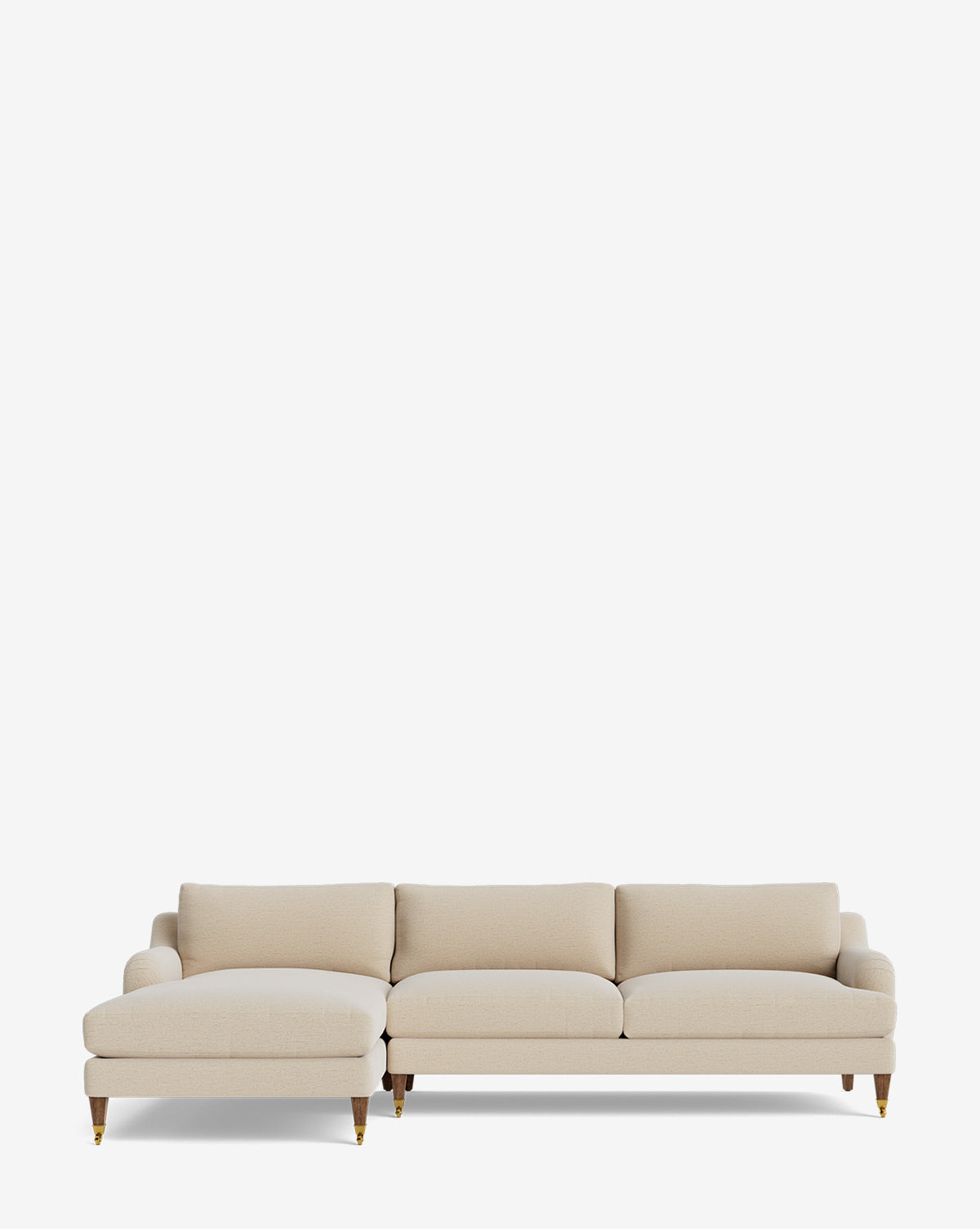 The Lucille English Roll Arm Left Chaise Sectional 107 by Community features three down-wrapped cushions, a left-side chaise, beige upholstery, and light wooden legs with brass castors, shown against a white background. Vendixs
