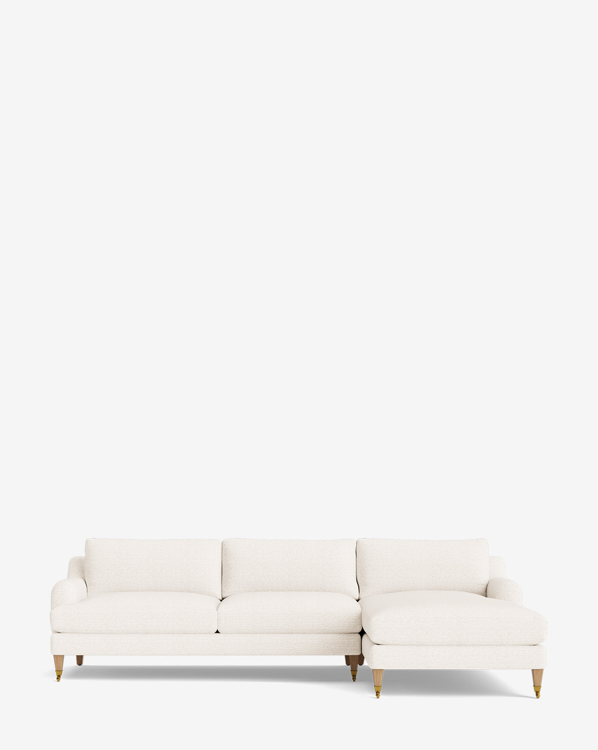 The Community Lucille English Roll Arm Right Chaise Sectional 107 is a modern white customizable sofa with down-wrapped cushions, three seat and back cushions, wooden legs, and a right-side chaise by Vendixs