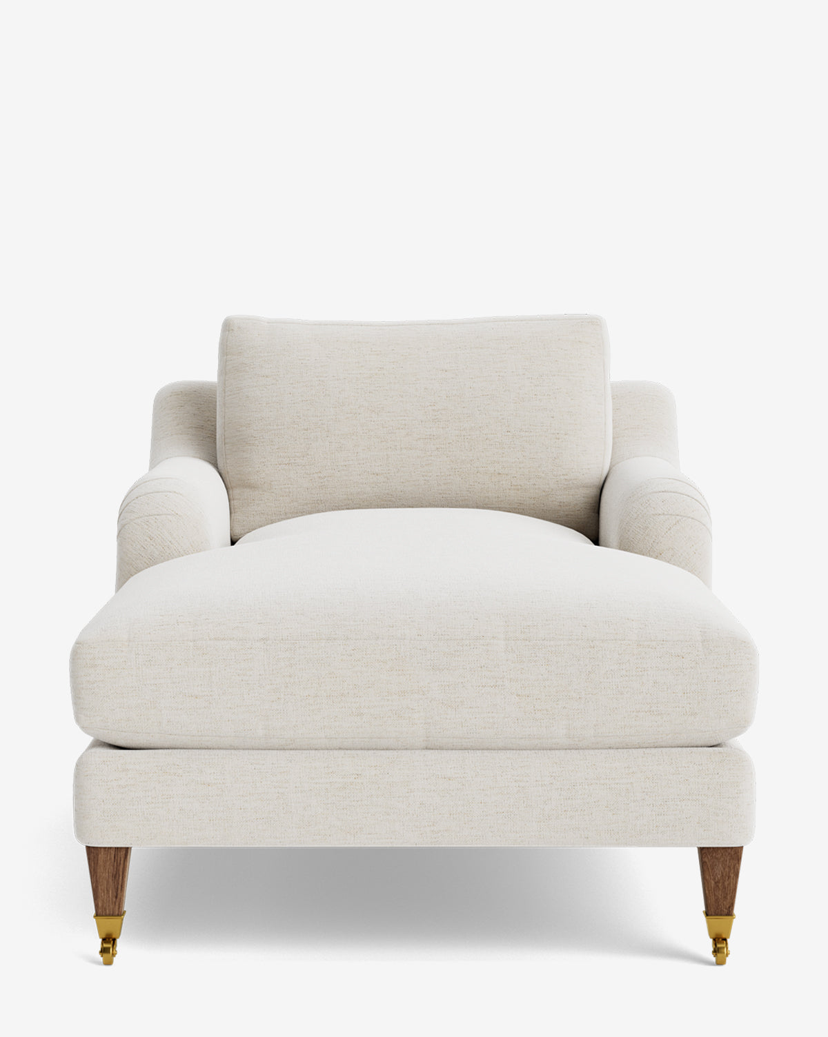 A front view of the Lucille English Roll Arm Chaise Lounge in cream, featuring wooden legs with brass casters and a down-wrapped cushion, shown against a white background, by McGee & Co.