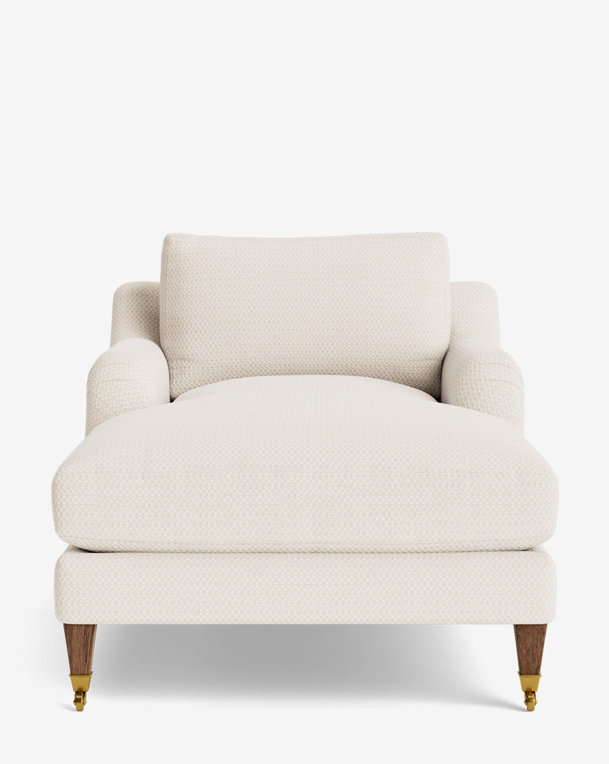 Front view of the Lucille English Roll Arm Lounge Chair, a modern cream-colored upholstered chaise with wooden legs, brass casters, wide down-wrapped cushion, backrest, and side armrests in classic English style, by McGee & Co.