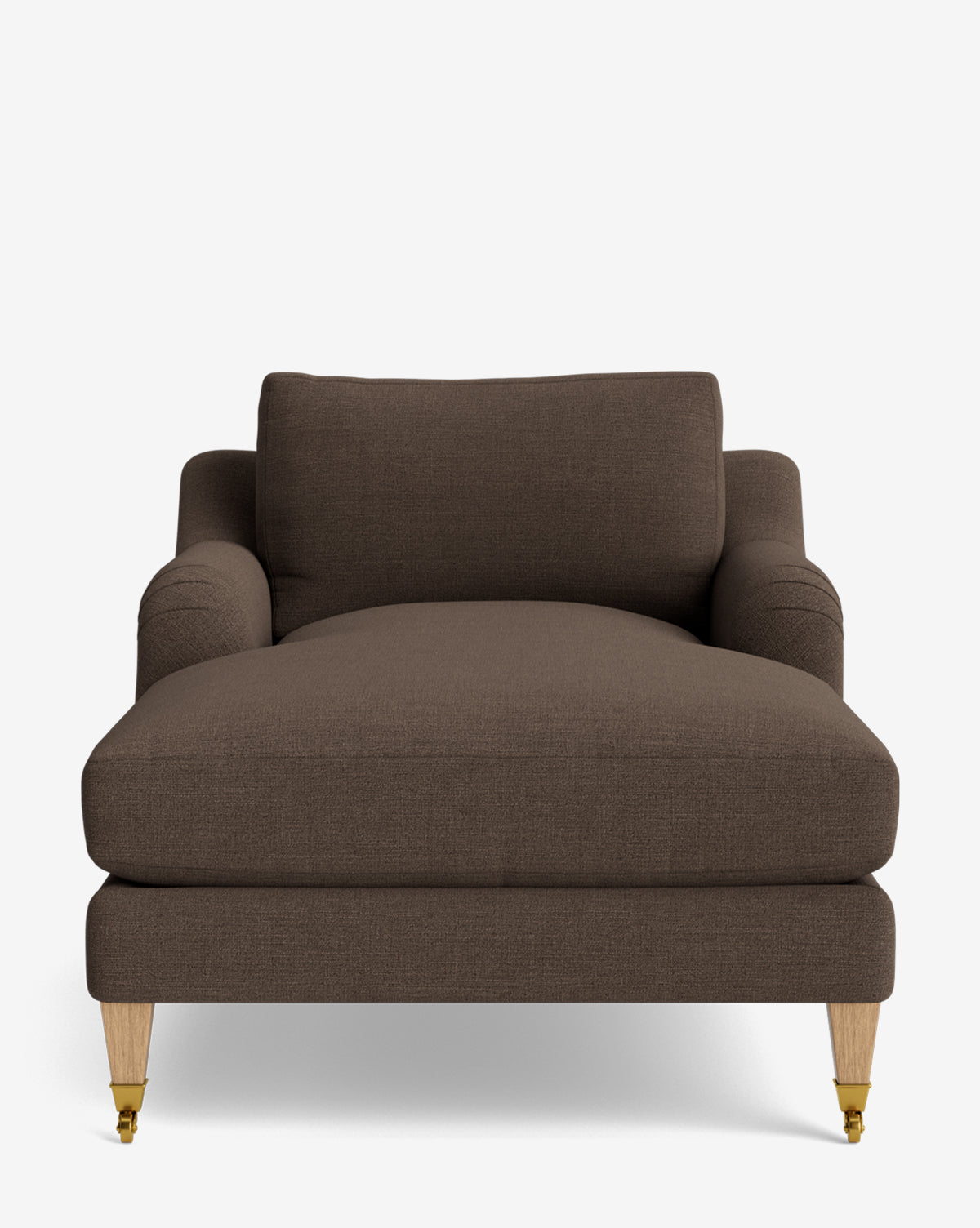 A front view of the Lucille English Roll Arm Chaise Lounge showcases its wide, cushioned seat, wooden legs with front casters, plush backrest and armrests, and a luxurious down-wrapped cushion. This customizable chaise brings elegance to any space, by McGee & Co.