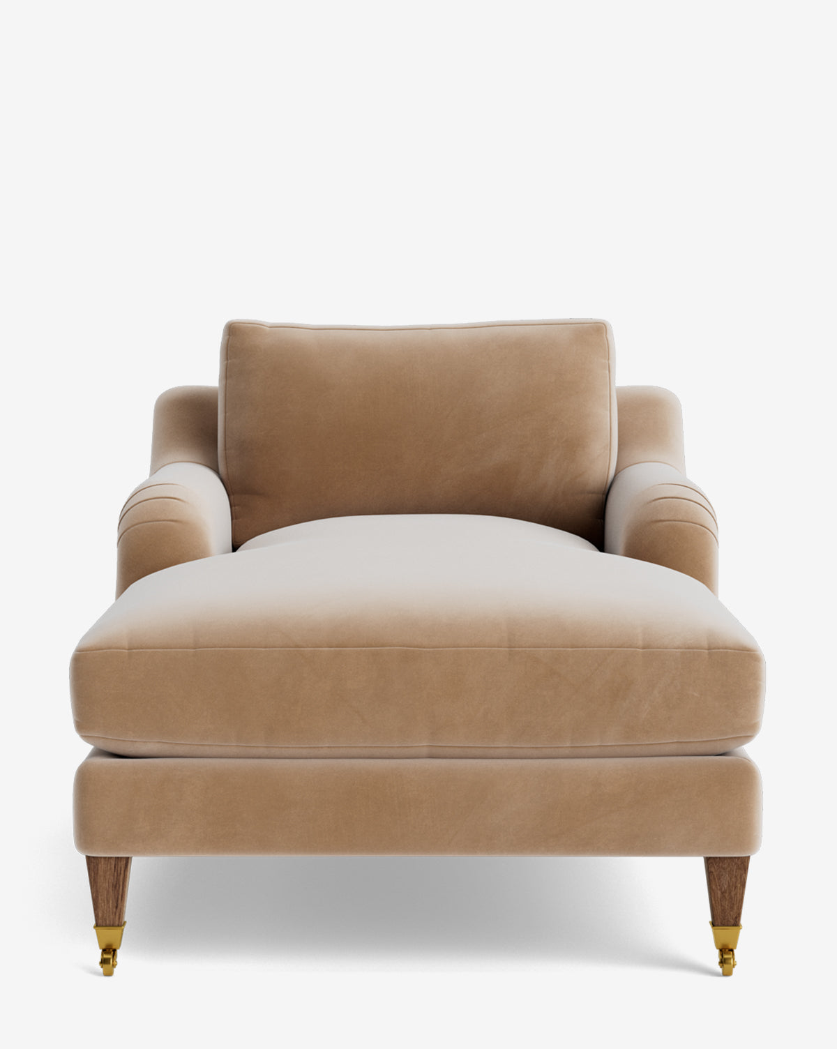The Lucille English Roll Arm Lounge Chair in beige velvet features wooden legs with gold caster wheels and a plush down-wrapped cushion, shown from the front against a plain white background by McGee & Co.