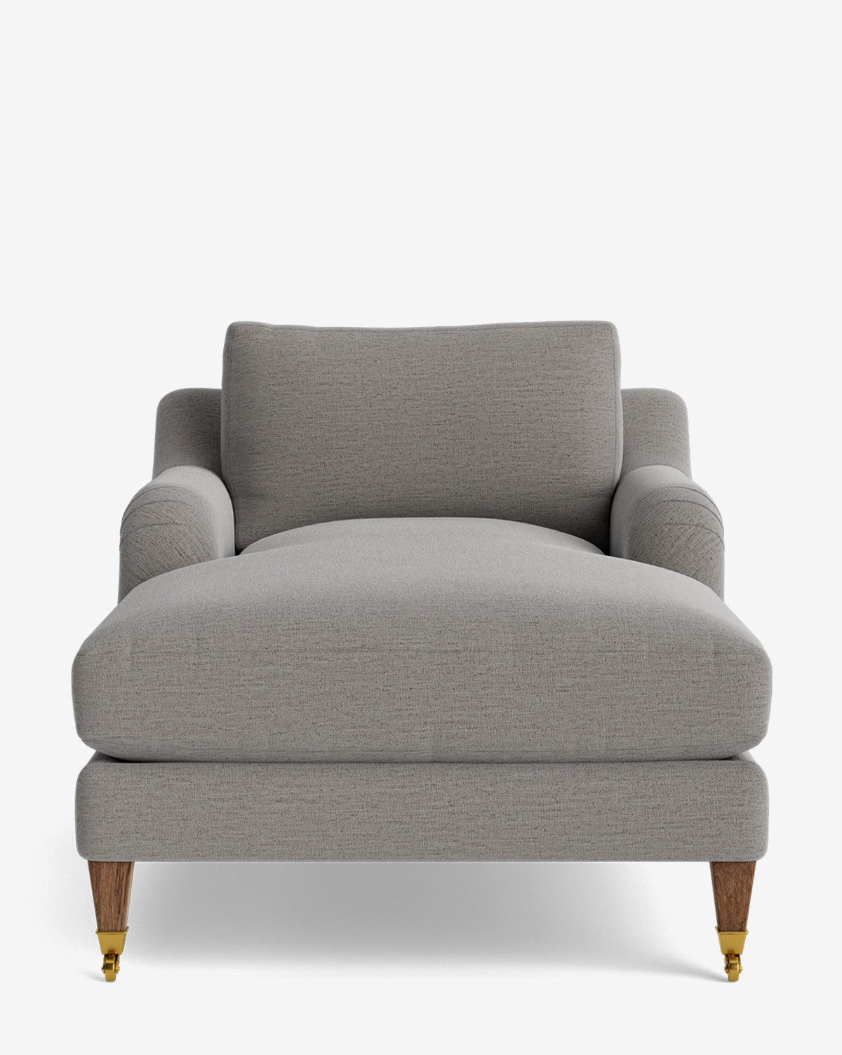 The Lucille English Roll Arm Chaise Lounge features light gray upholstery, down-wrapped cushion, wide armrests, plush seat, and short wooden legs, by McGee & Co. Its large, modern design is showcased against a plain white background.