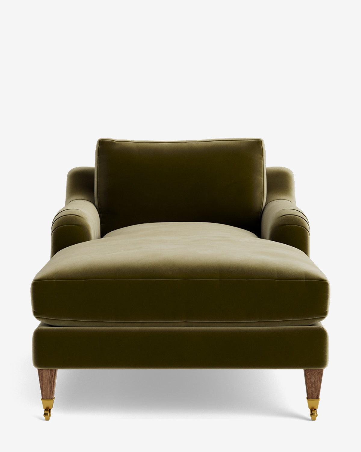 Front view of the Lucille English Roll Arm Chaise Lounge in modern olive green, featuring cushioned back, curved armrests, wooden legs with brass casters, and a plush down-wrapped cushion. Customizable design set against a plain white background, by McGee & Co.
