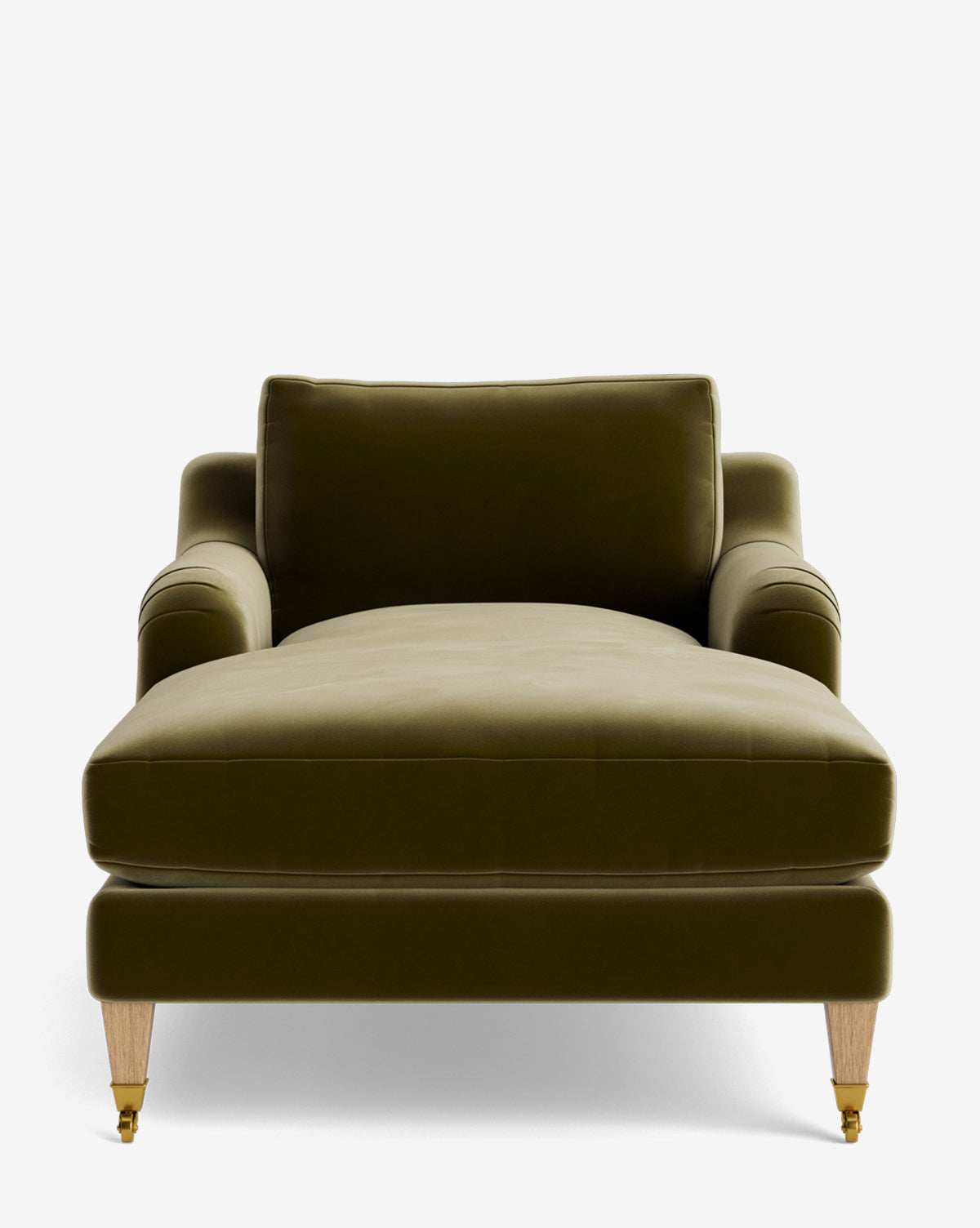 Front view of the Lucille English Roll Arm Chaise Lounge in olive green velvet, shown with wooden legs, brass castors, down wrapped cushion, armrests, and a matching back cushion against a plain white background by McGee & Co.