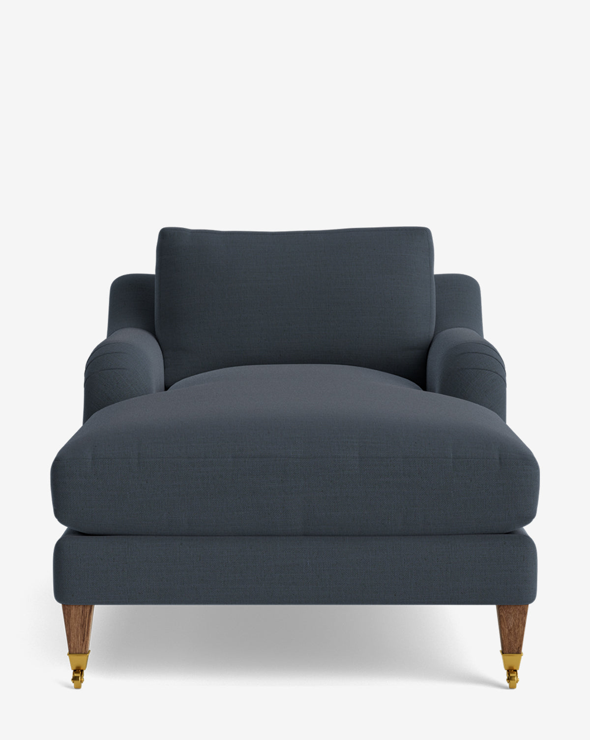 Front view of the Lucille English Roll Arm Lounge Chair in dark gray, featuring wooden legs with two small brass caster wheels and a plush down-wrapped cushion, set against a plain white background, by McGee & Co.
