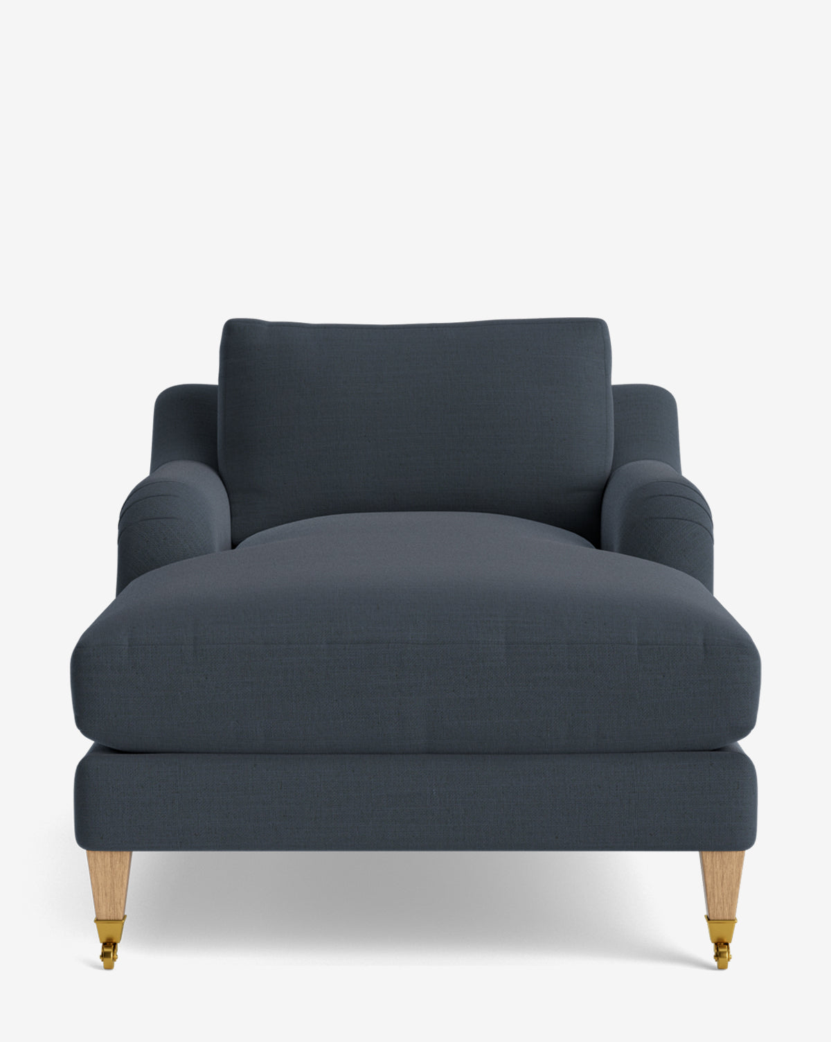 A front view of the Lucille English Roll Arm Lounge Chair, modern and dark gray upholstered with wooden legs—brass casters on the front and a down-wrapped cushion—set against a plain white background by McGee & Co.