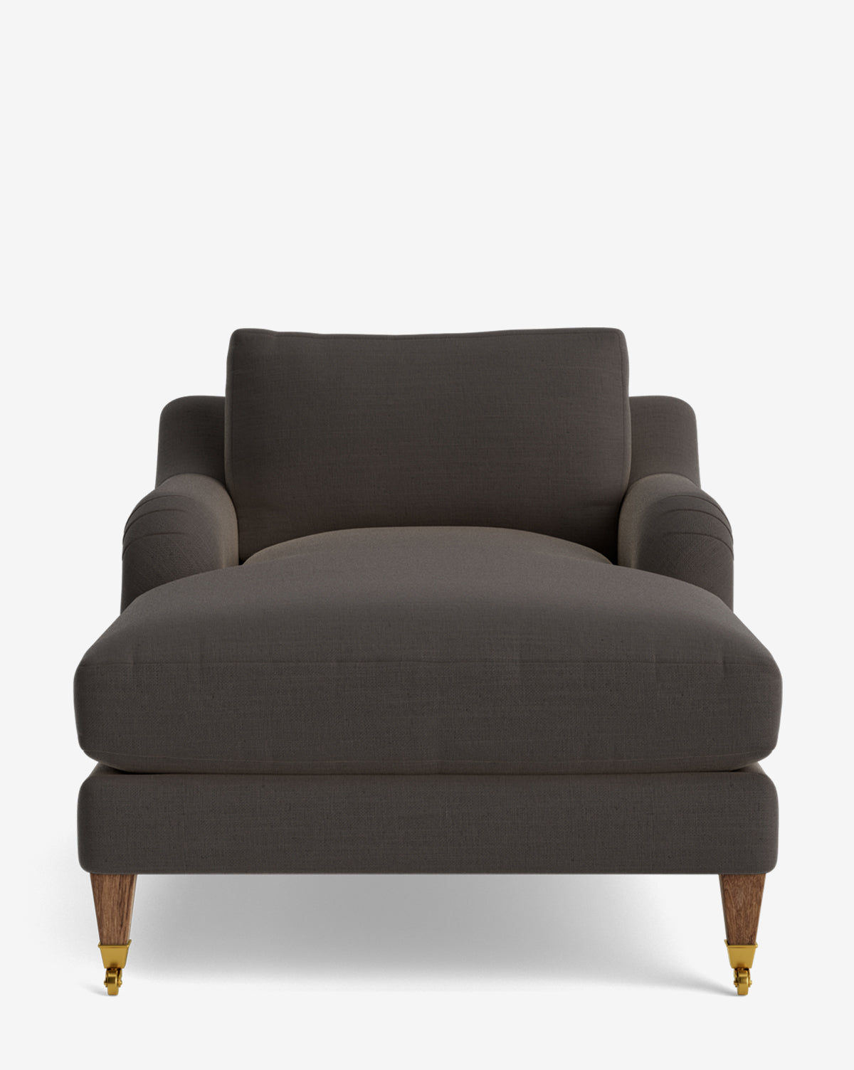 Front view of the Lucille English Roll Arm Chaise Lounge, showcasing a customizable chaise with a down-wrapped cushion, wide seat, cushioned backrest, and wooden legs—front two with brass casters—against a plain white background, by McGee & Co.