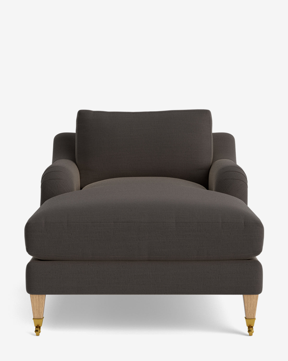 A front-facing view of the Lucille English Roll Arm Chaise Lounge in modern dark gray, featuring a backrest, armrests, down-wrapped cushion, wooden front legs with brass casters, and plain wooden back legs against a white background, by McGee & Co.
