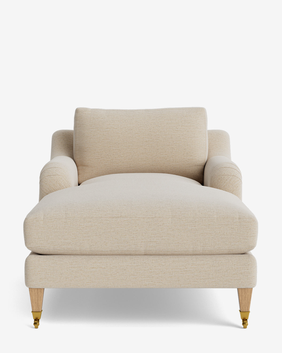 The Lucille English Roll Arm Lounge Chair features a wide, cream-colored upholstered design with plush backrest, rolled arms, wooden legs with brass casters, and a luxurious down-wrapped cushion, by McGee & Co. Shown against a plain white background.
