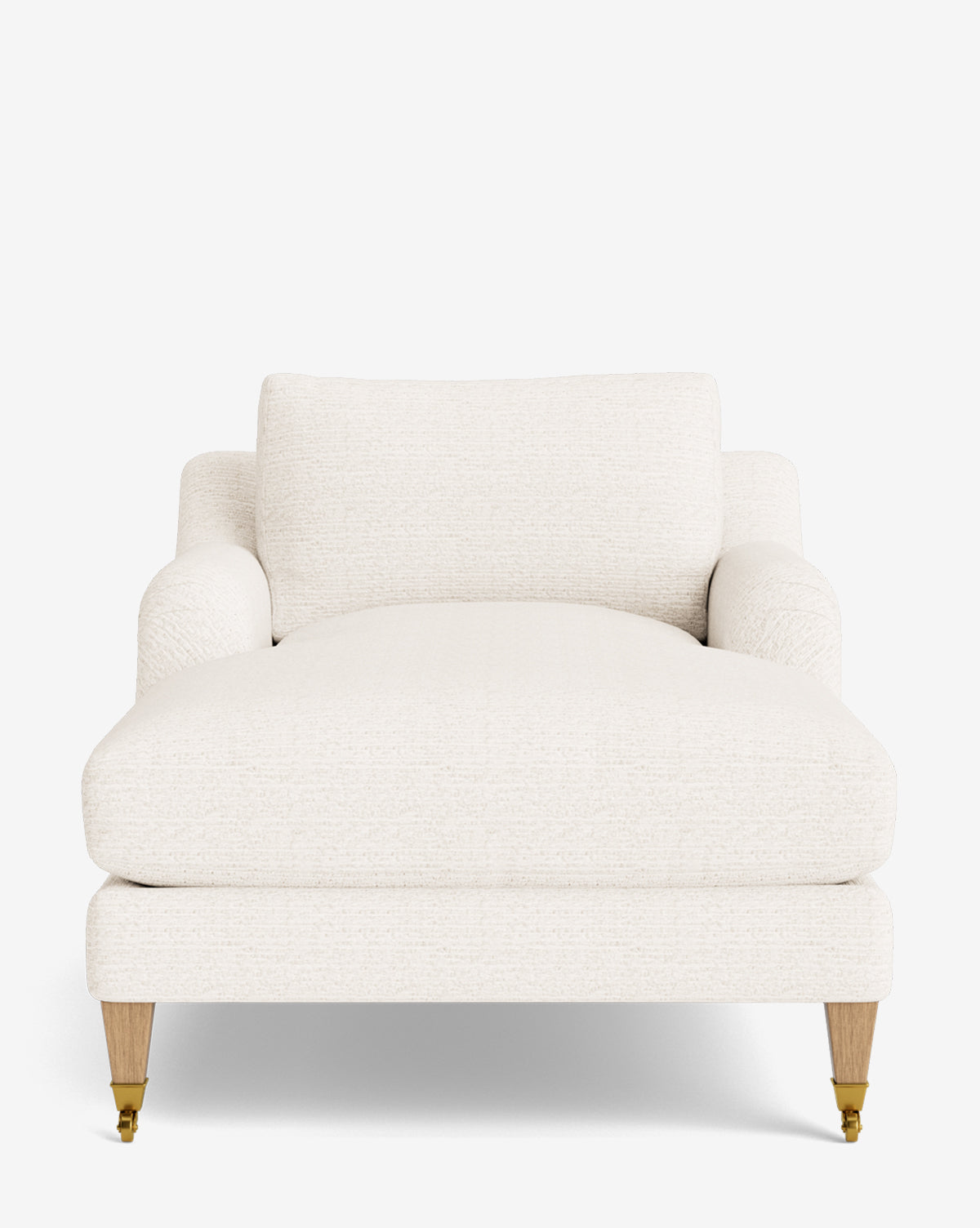 The Lucille English Roll Arm Lounge Chair features a modern design with off-white textured upholstery, wide seat, low English-style arms, a down-wrapped cushion, and four wooden legs with brass castors on the front, by McGee & Co.