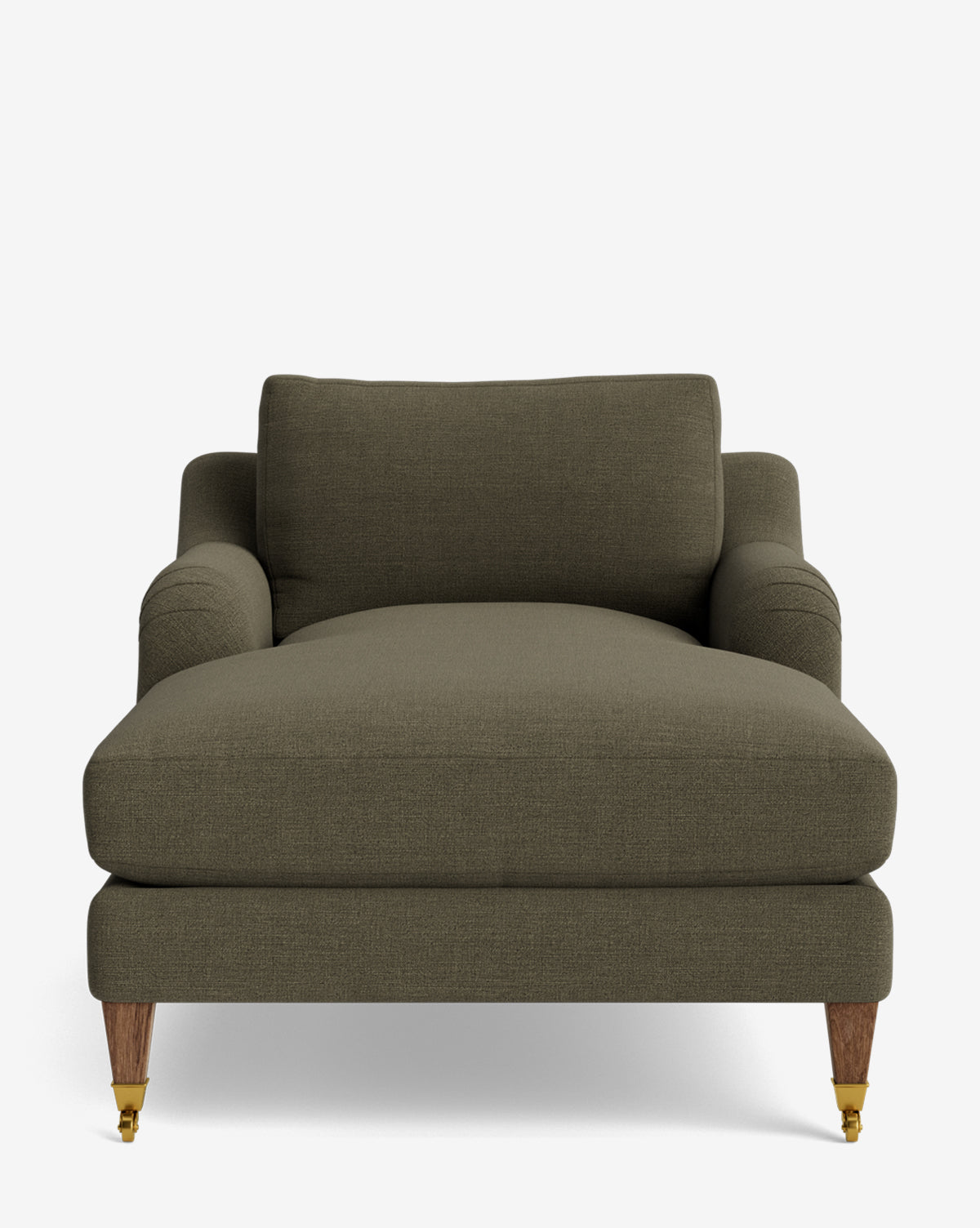 The Lucille English Roll Arm Lounge Chair features a wide, olive-green design with low, rounded arms, a thick down-wrapped cushion, wooden legs with brass caster wheels, and is customizable, by McGee & Co. Shown against a plain white background.