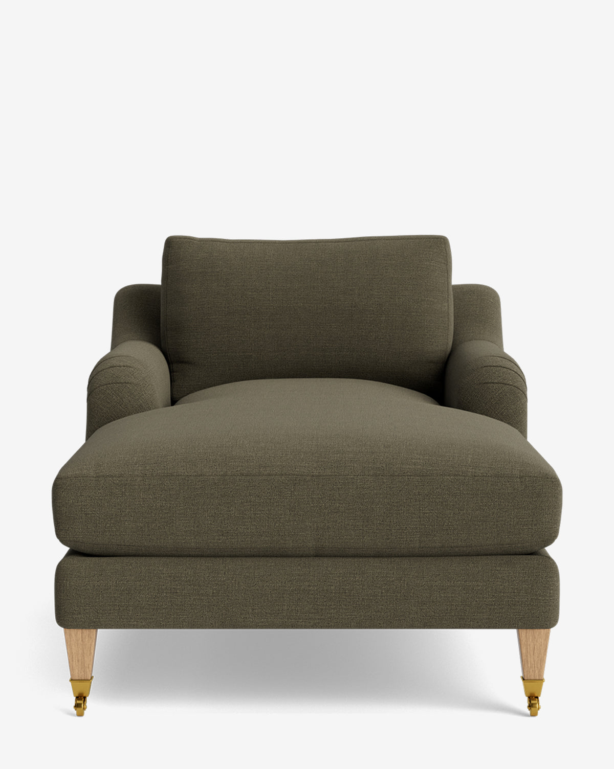 Front view of the Lucille English Roll Arm Lounge Chair in modern olive green, featuring wooden legs (two with brass wheels), a wide cushioned seat, low arms, and a large back cushion for timeless elegance. Customizable to suit your style, by McGee & Co.