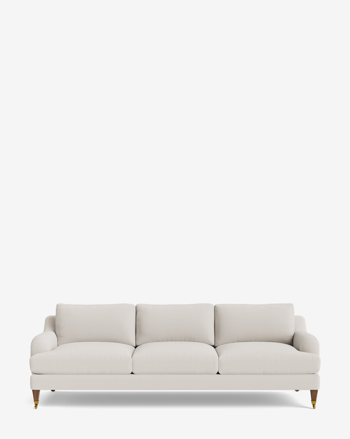 The Lucille English Roll Arm Sofa 90.5 is a three-seater with light beige upholstery, down-wrapped cushions, and short wooden legs with metal-capped fronts, shown against a plain white background by Vendixs