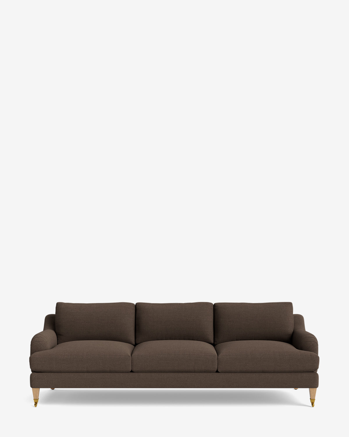 The Lucille English Roll Arm Sofa 90.5 is a modern, dark brown three-seater featuring down wrapped cushions, low arms, and slim wooden legs with gold castor accents, shown against a plain white background by Vendixs