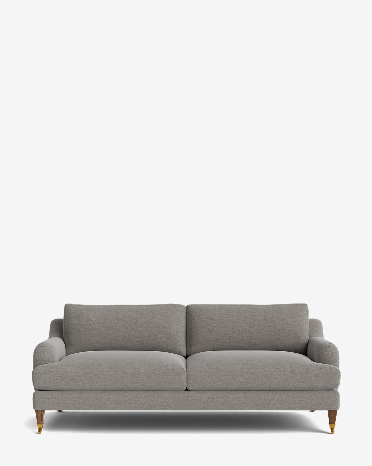 The Lucille English Roll Arm Sofa 78 features a modern light gray design with down-wrapped, two seat and back cushions, plus short wooden legs with gold casters, shown against a plain white background by McGee & Co.
