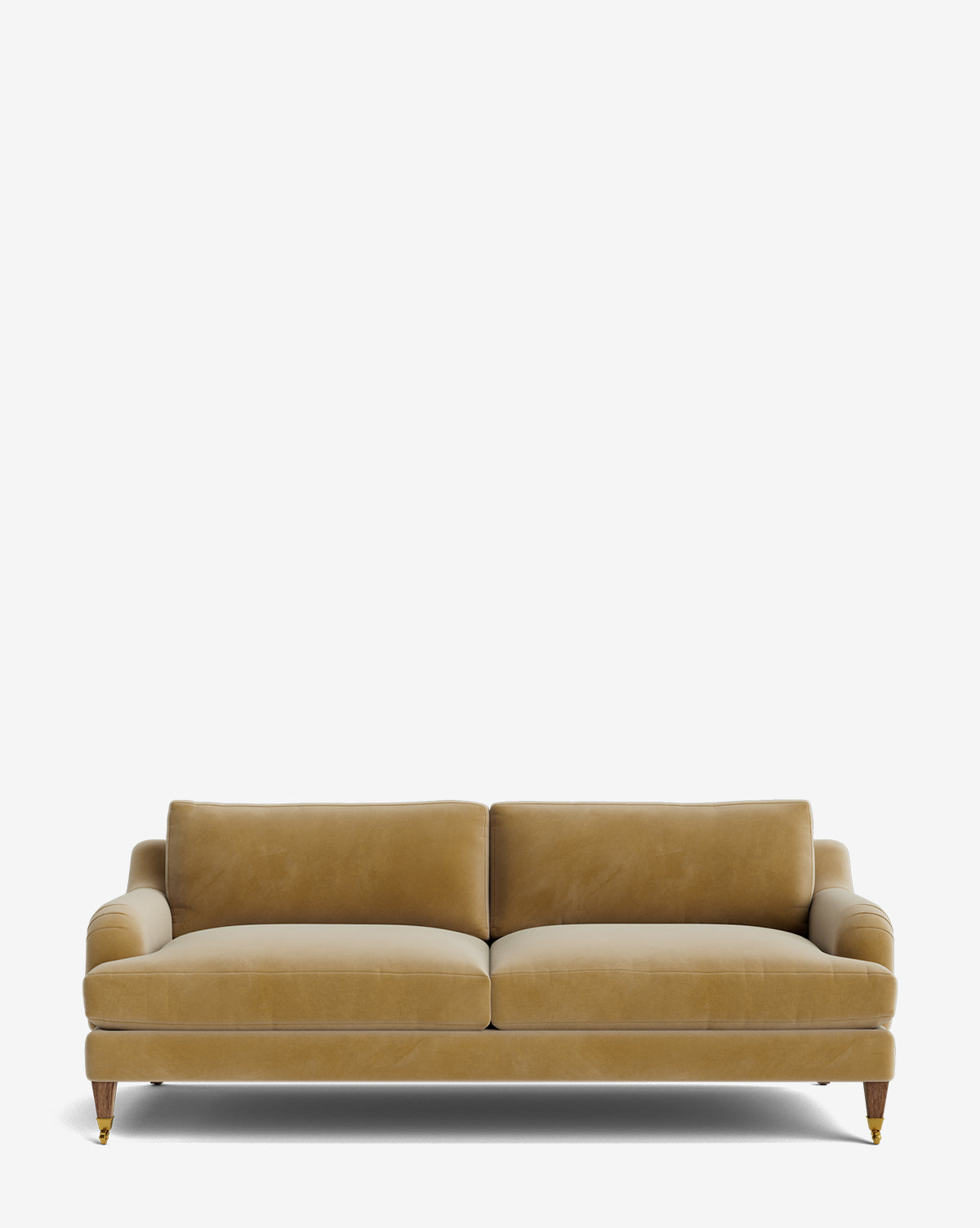 The Lucille English Roll Arm Sofa 78 features mustard yellow velvet upholstery, down-wrapped cushions, and wooden legs with brass casters, shown against a plain white background by McGee & Co.