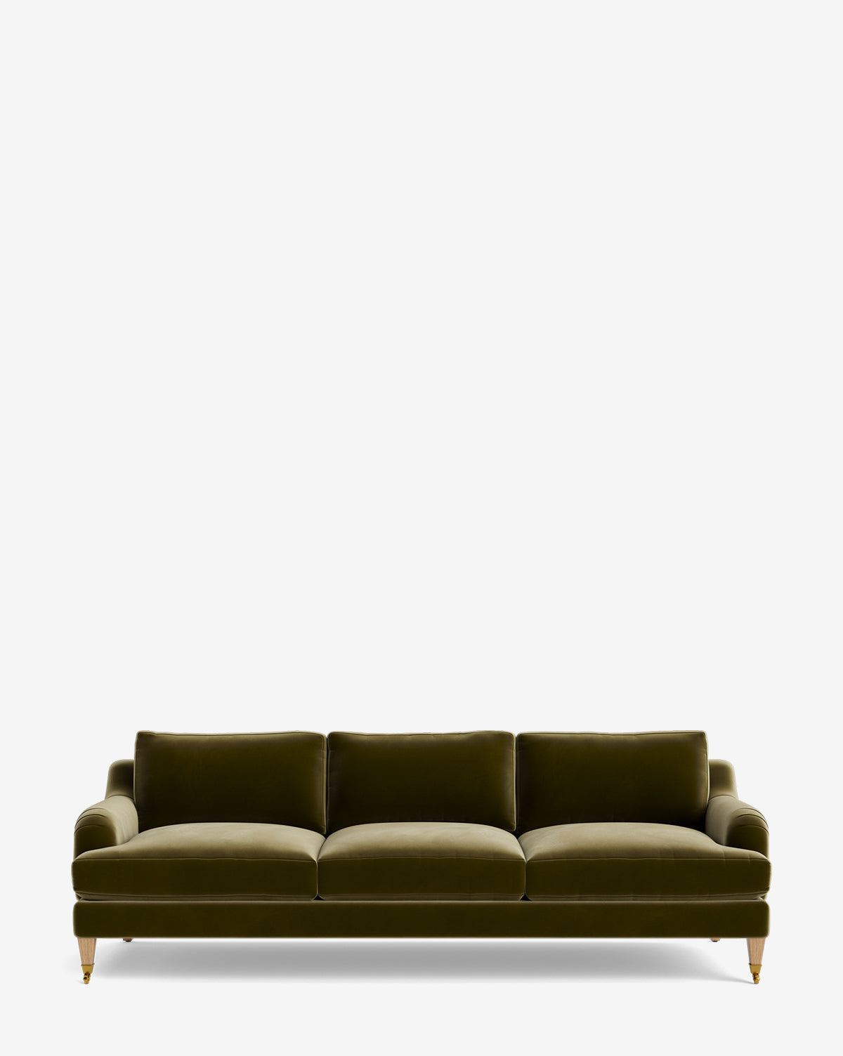 The Lucille English Roll Arm Sofa 90.5 features green velvet upholstery, down-wrapped cushions, cushioned backrests and seats, curved armrests, and wooden legs with brass castor wheels, set against a plain white background by Vendixs