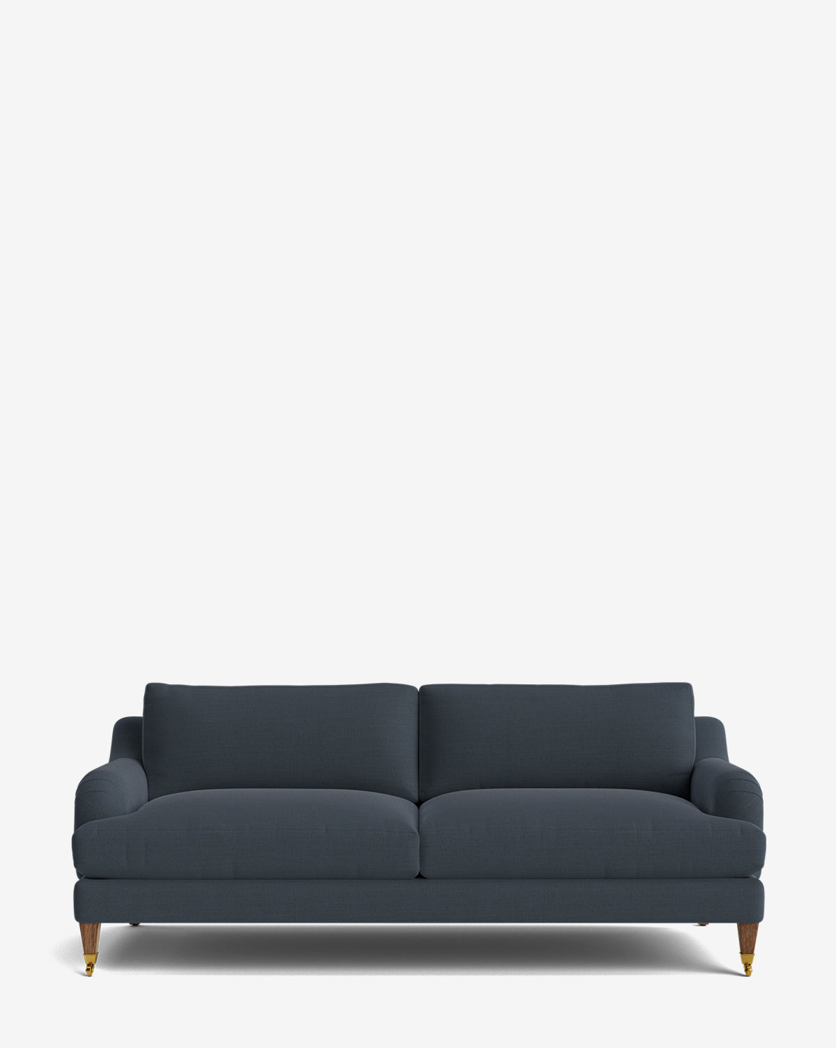 The Lucille English Roll Arm Sofa 78 is a dark blue, modern two-seater with short wooden legs, slightly angled armrests, and down wrapped cushions, shown against a plain white background by McGee & Co.