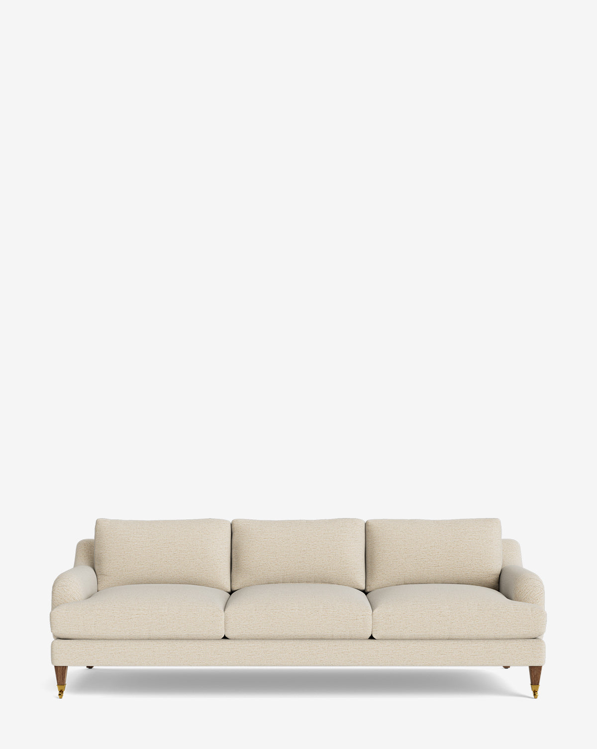 The Lucille English Roll Arm Sofa 90.5 in beige features plush down-wrapped cushions, rounded arms, and wooden legs with brass casters, set against a plain white background, by Vendixs