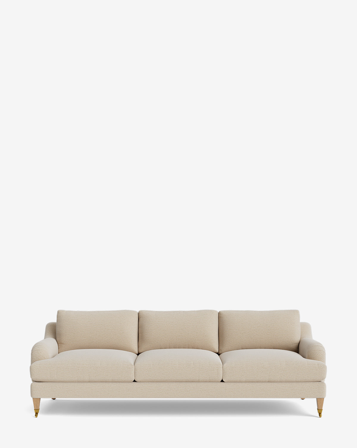 The Lucille English Roll Arm Sofa 90.5 in beige features three down-wrapped seat cushions, three back cushions, and wooden legs with brass casters, shown against a plain white background by Vendixs