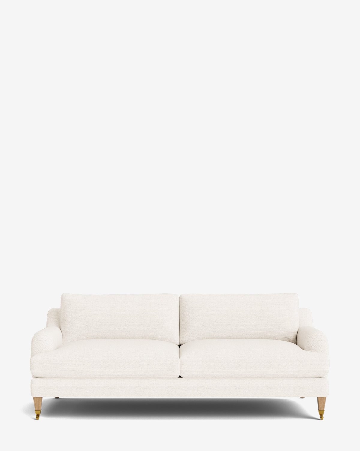 The Lucille English Roll Arm Sofa 78 is a modern white upholstered piece with wooden legs and gold metal accents, featuring customizable down-wrapped cushions for comfort, all shown against a plain white background, by Vendixs