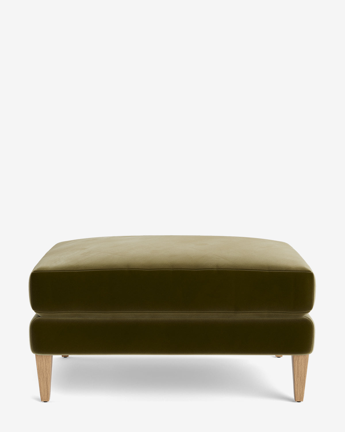 The Lucille Ottoman is a modern square ottoman in olive green upholstery with wooden legs, displayed on a plain white background, by Vendixs