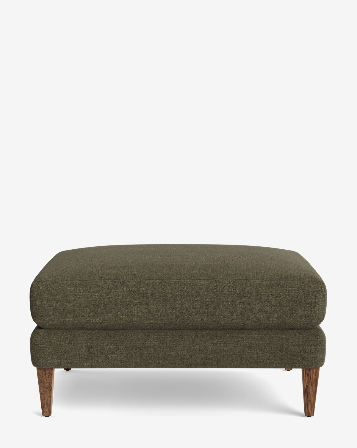 The Lucille Ottoman features a modern rectangular design in olive green with short, angled wooden legs, displayed on a plain white background by McGee & Co.