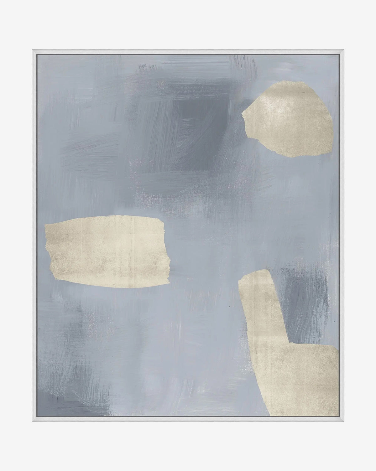 Lulled to Sleep 4 is an abstract giclee print with a soft, textured look. It features a light gray and blue background with three beige brushstroke shapes, all framed in a sleek silver floater frame by Vendixs