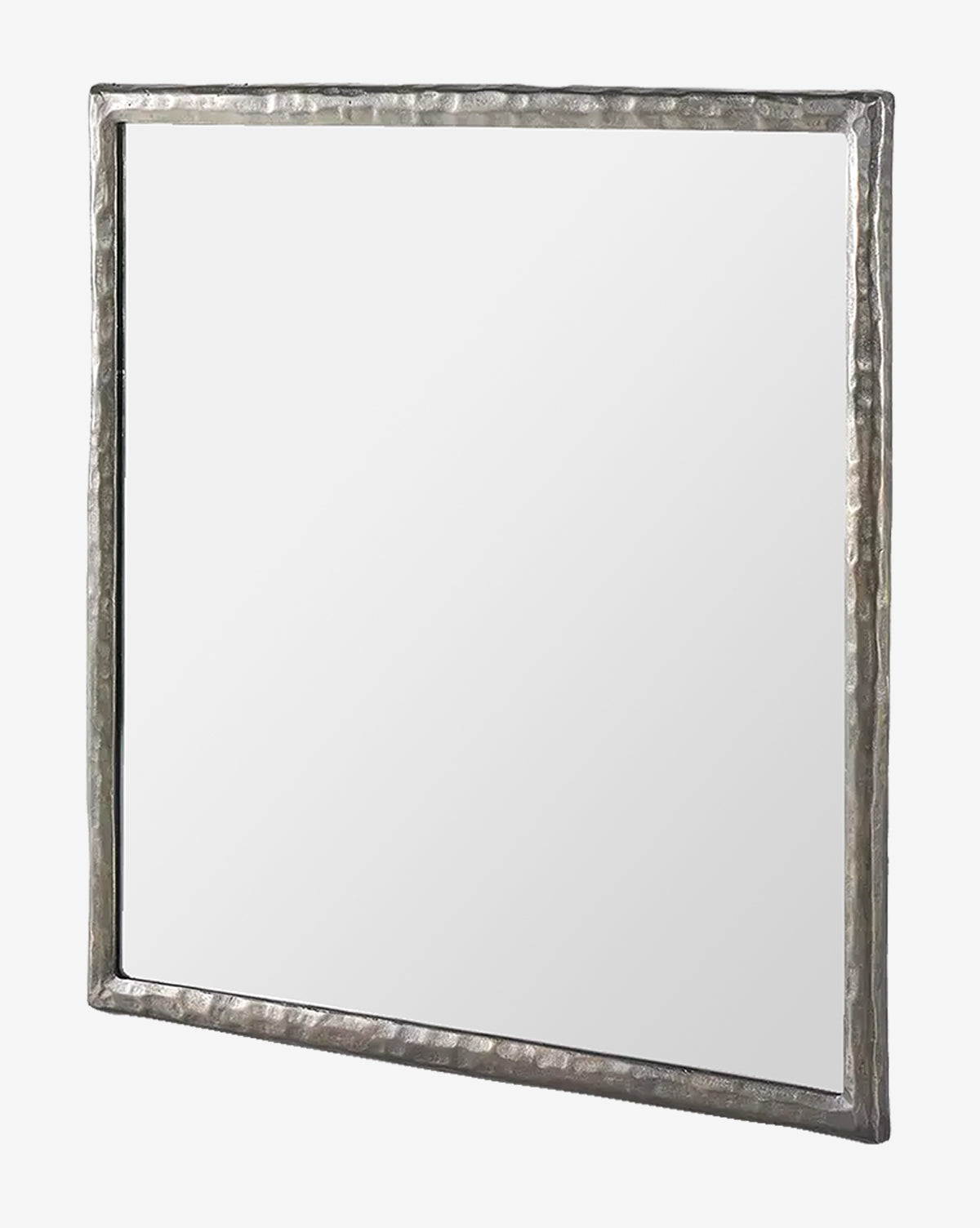 The Lumi Wall Mirror features a hammered metal frame in smoked nickel, shown against a white background. Its textured, uneven surface gives this decorative wall mirror a rustic, handcrafted look by McGee & Co.