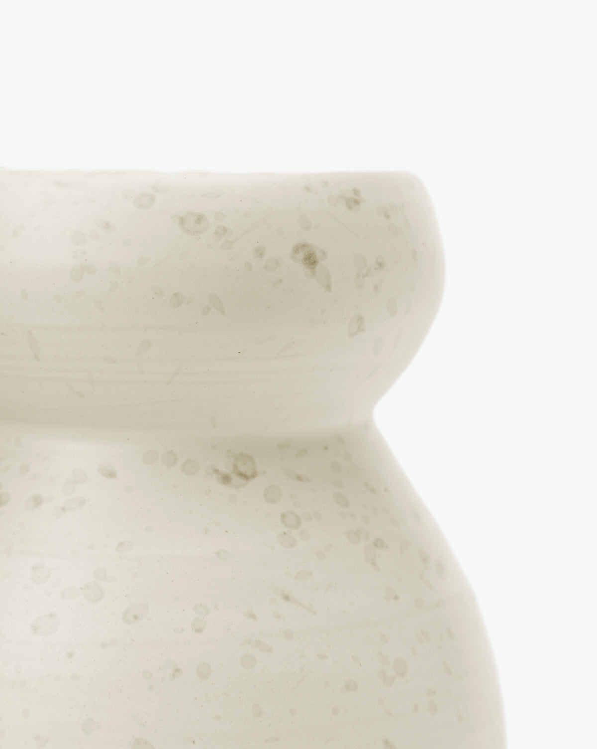 Close-up of the Lyra Vase, a modern light beige ceramic piece with a speckled texture, showcasing its neck and upper body against a plain white background, by Vendixs
