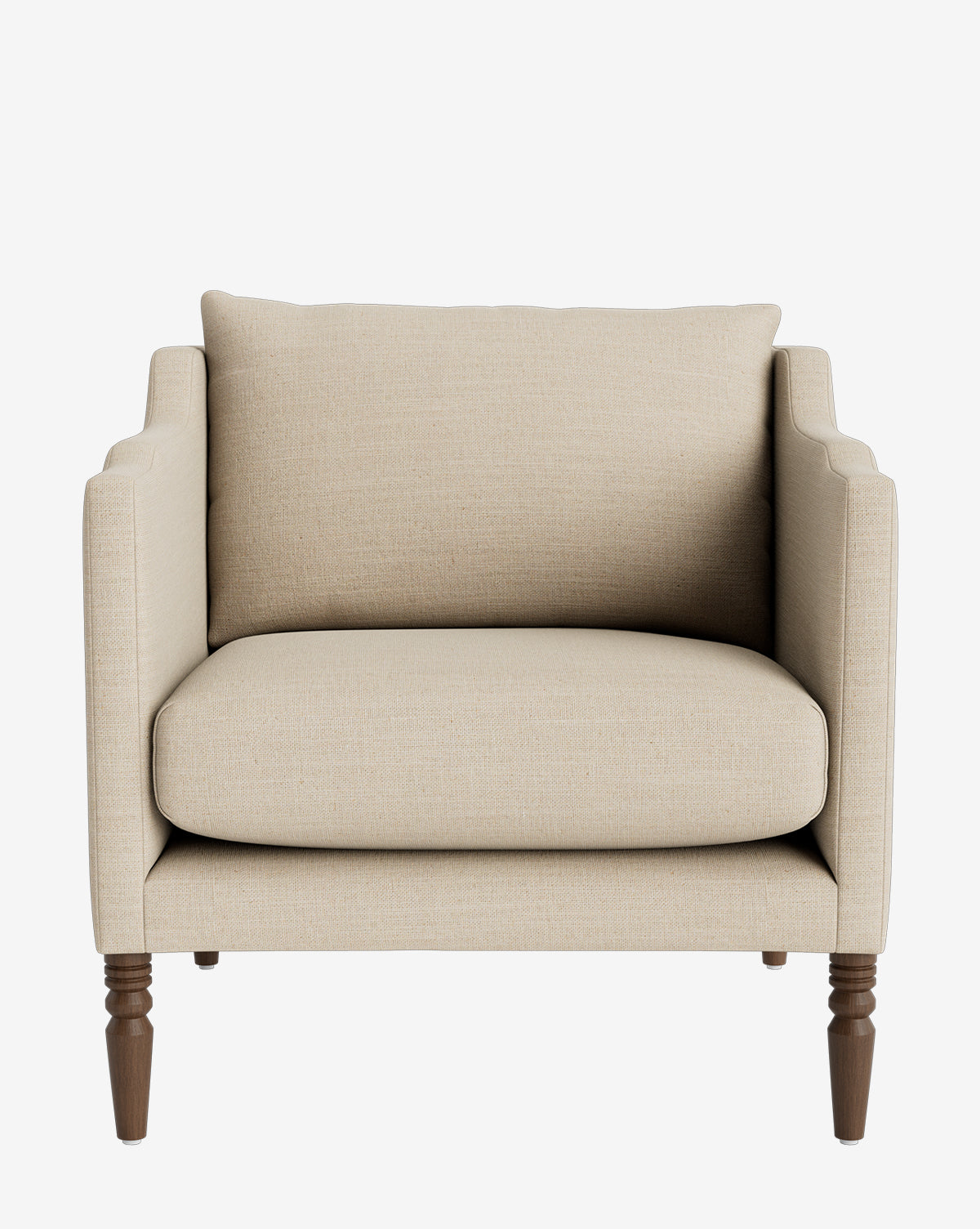 Front view of the Gemma Lounge Chair, a modern beige upholstered armchair with square arms, cushioned seat and backrest, and four wooden legs. Its high-quality fabric and simple elegance enhance any contemporary living space, by McGee & Co.