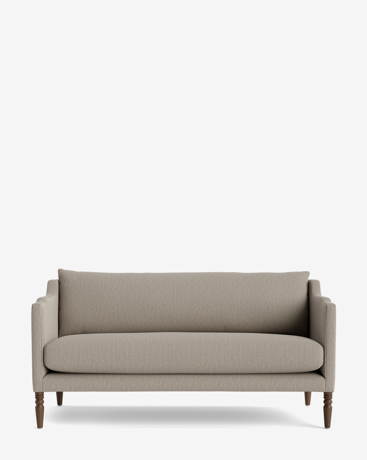 The Makerspalm Gemma Settee 65 (Ready to Ship) features a modern light gray design with vertical ribbed texture, straight arms, a long back cushion, and four dark wooden legs, shown against a plain white background. Vendixs