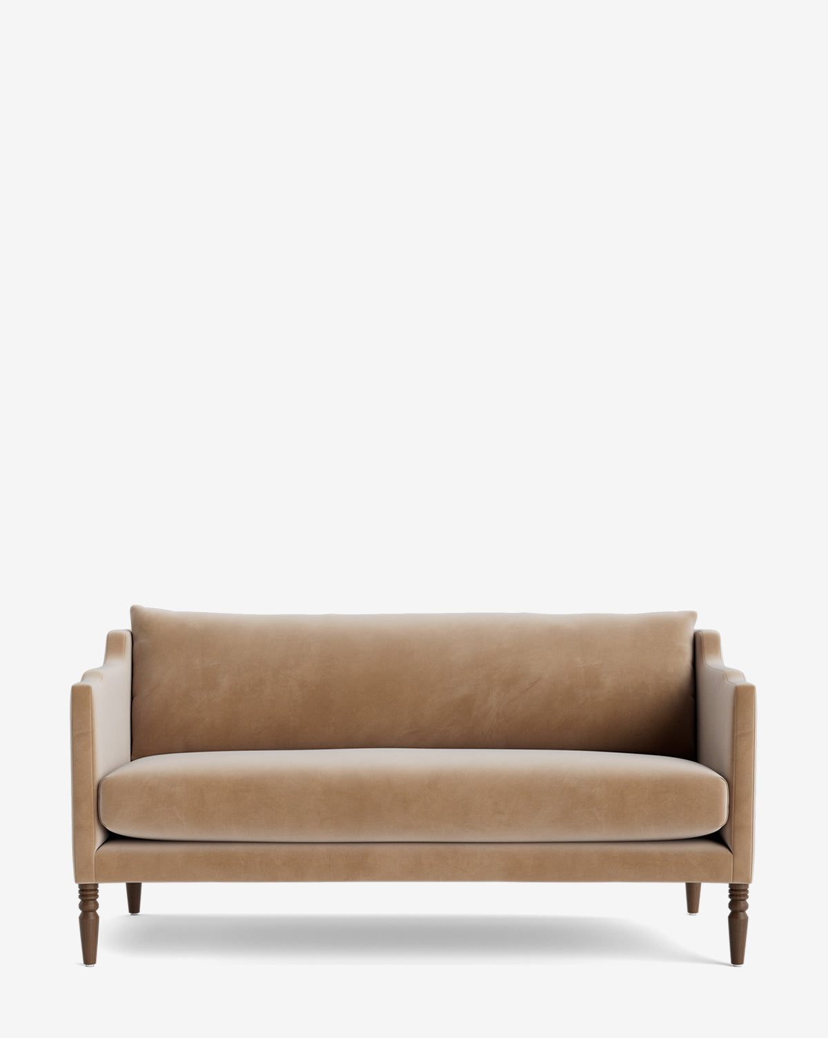The Makerspalm Gemma Settee 65 is a modern tan velvet sofa with straight arms, a single seat and back cushion, and four dark wooden legs, shown against a white background. Vendixs