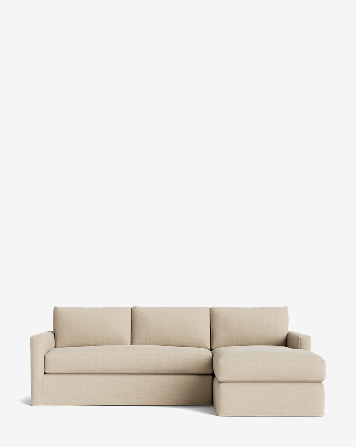 The Macy Slipcover Chaise Sectional 101 in beige features three seat cushions, three back cushions, and a right-facing chaise lounge, offering deep comfort against a clean white background, by Vendixs