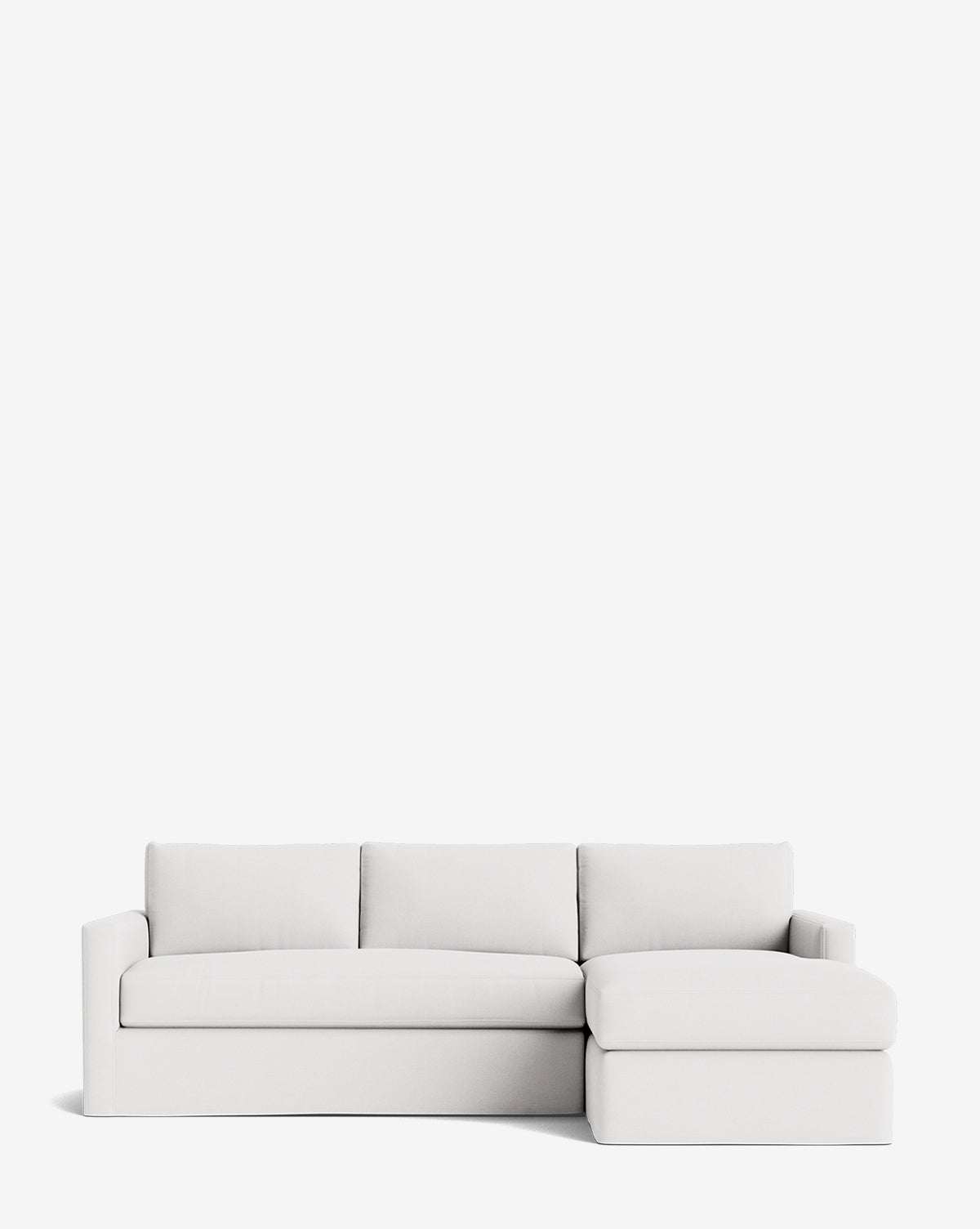 The Macy Slipcover Chaise Sectional 101 is a modern, light gray piece with clean lines, three seat cushions, and a right-side chaise, featuring a deep silhouette and shown on a plain white background by McGee & Co.