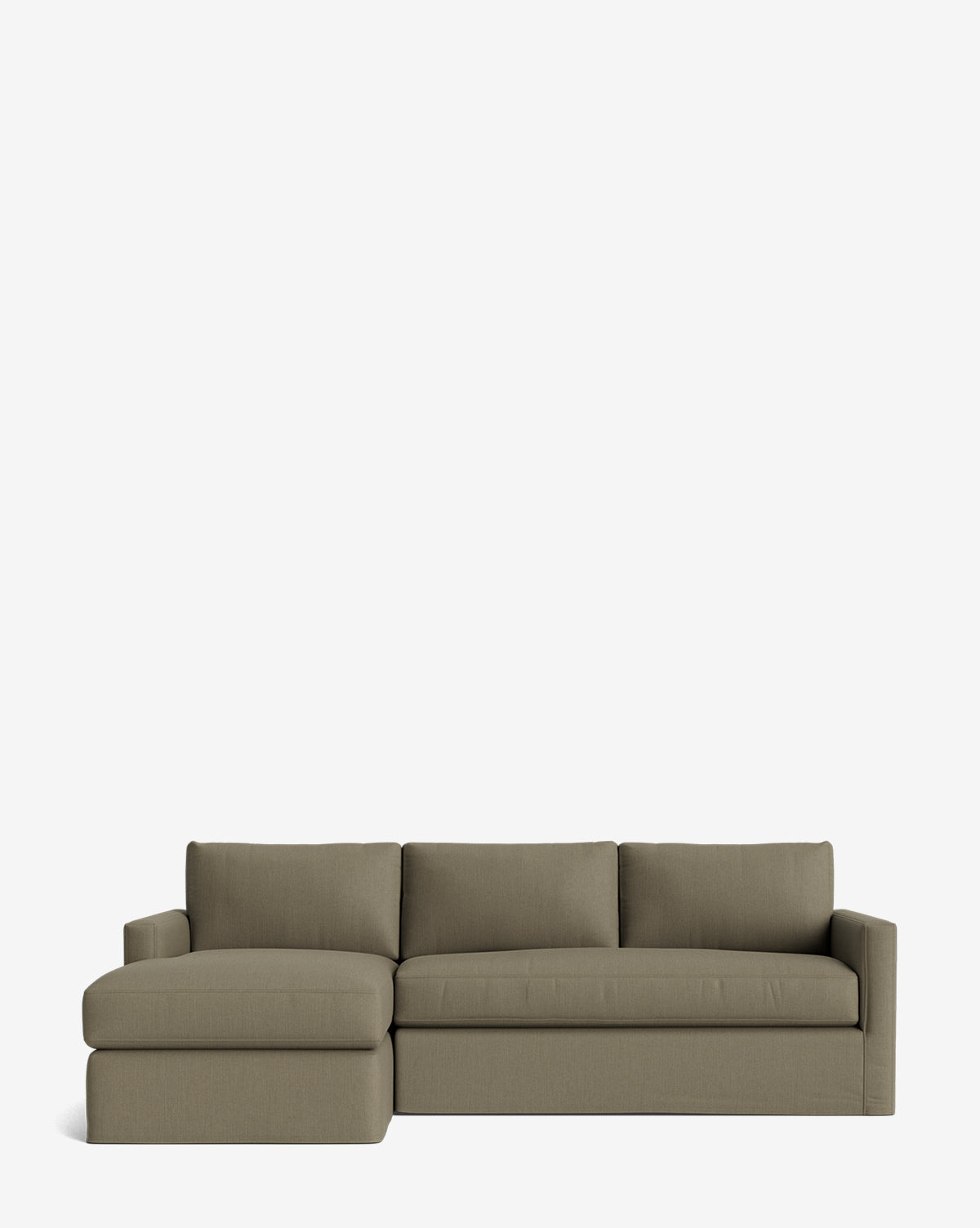 The Community Macy Slipcover Chaise Sectional 101 in olive green features three back cushions and a left-side chaise lounge, with deep sectional lines. Displayed on a plain white background for a clean, modern look. Vendixs