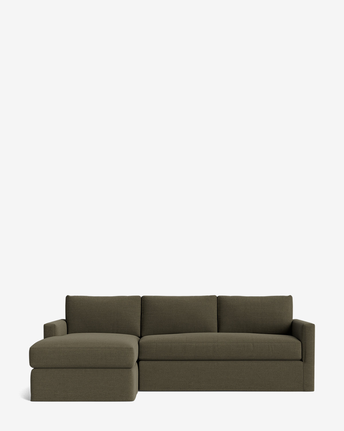The Community Macy Slipcover Chaise Sectional 101 is a modern olive green sofa with three cushions and a left-side chaise, shown on a plain white background. Vendixs