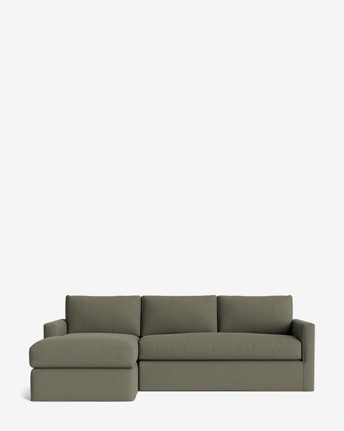 The Community Macy Slipcover Chaise Sectional 101 in olive green features three seat cushions, three back cushions, and a left-side chaise lounge in a modern, deep design style, shown against a plain white background. Vendixs
