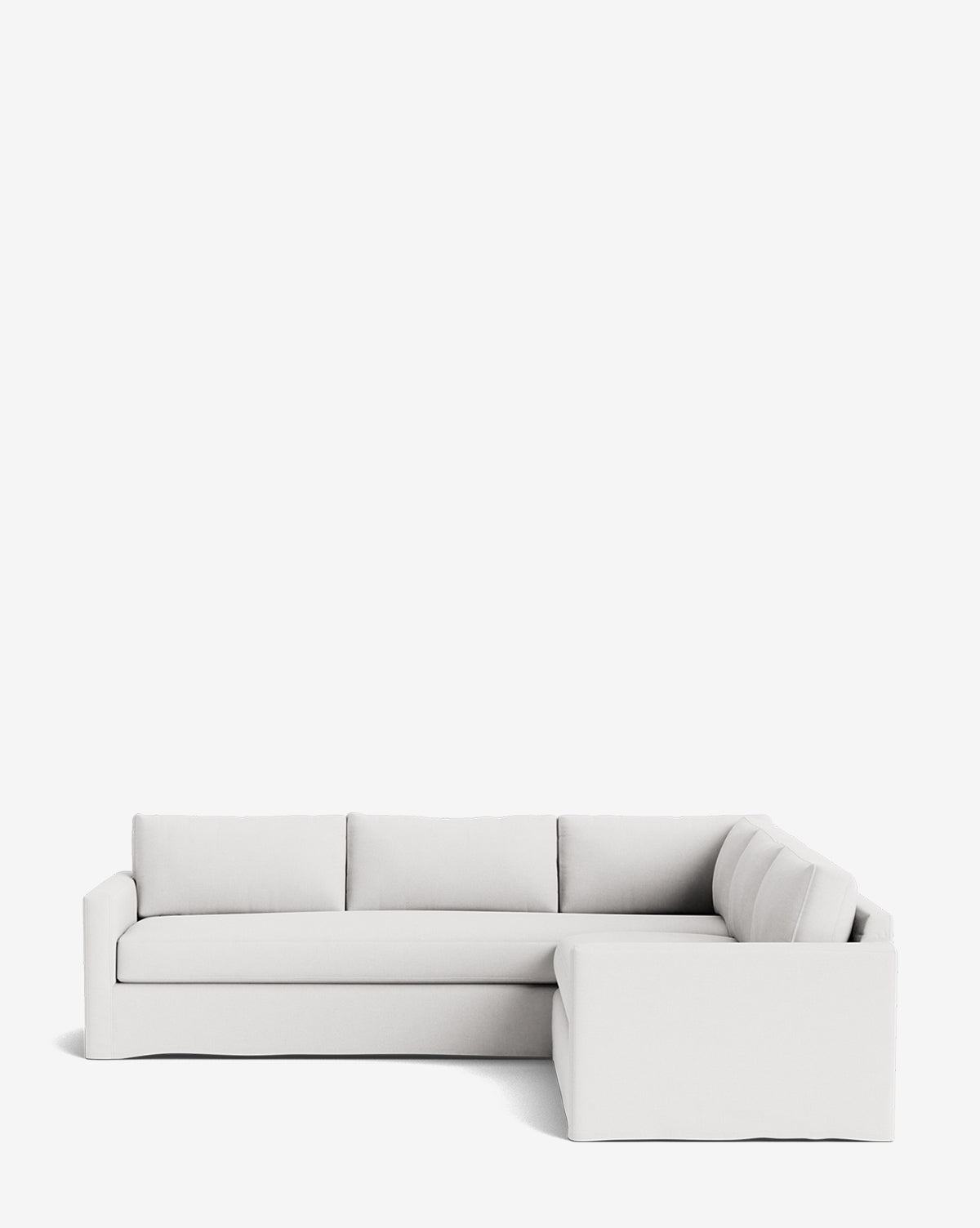 The Macy Slipcover L Sectional 108 in light gray features three seat cushions on the left with an L-shaped extended right section, a customizable design, and is displayed against a plain white background by Vendixs