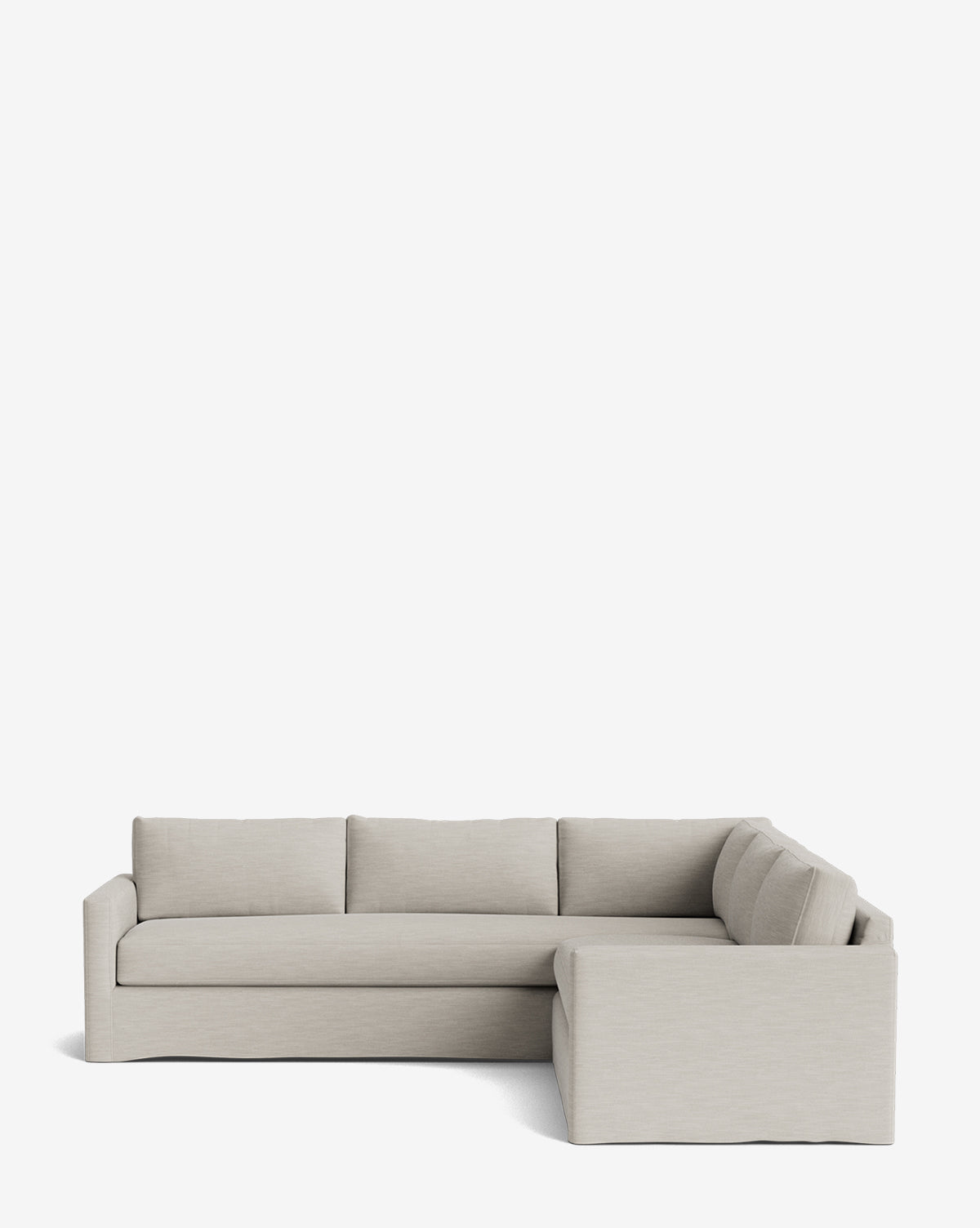 Light gray Macy Slipcover L Sectional 108 with clean lines and three back cushions, displayed on a plain white background. This customizable sectional offers a deep design for enhanced comfort and modern style, by Vendixs