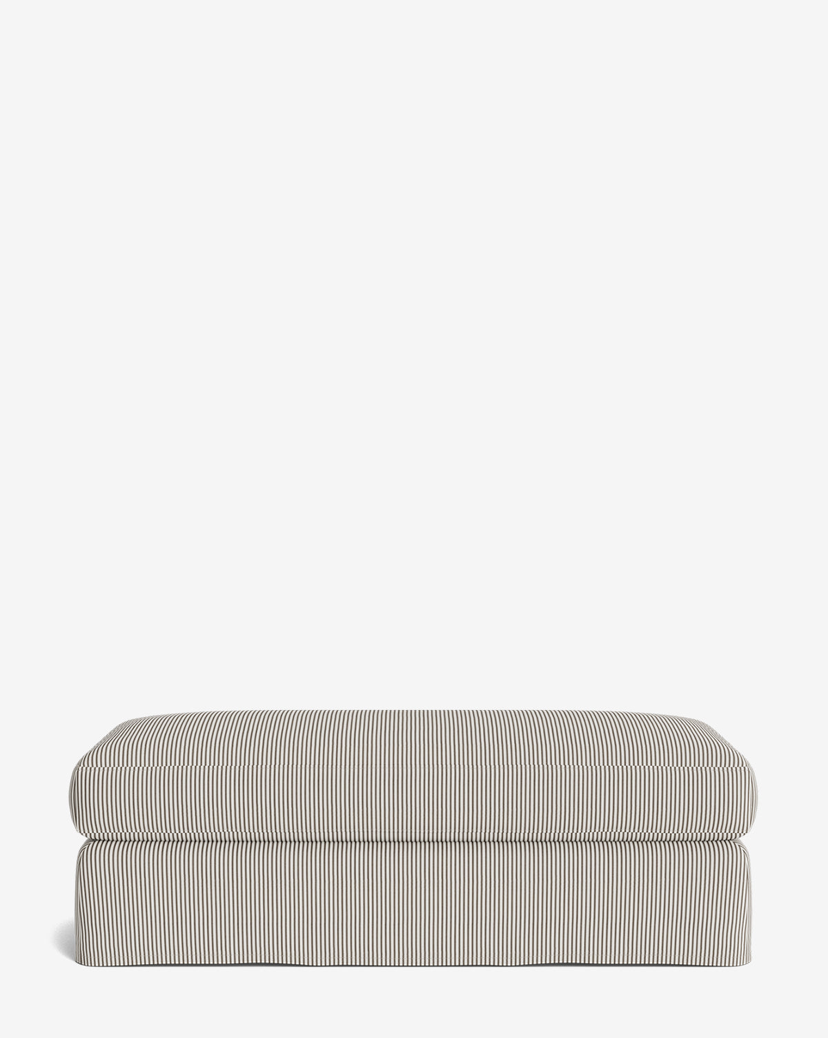 The Macy Slipcover Ottoman features a rectangular shape, fabric upholstery with thin black and white vertical stripes, and a plush cushion top—offering stylish, clean lines as an elegant accent to your living room. Shown against a plain white background by McGee & Co.