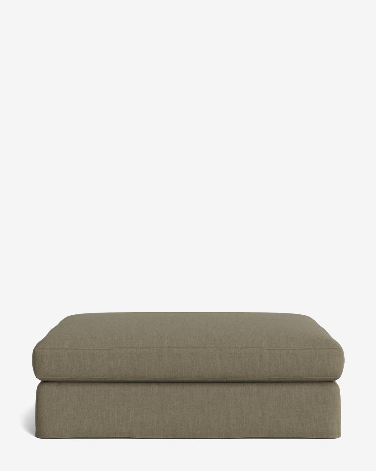 The Macy Slipcover Ottoman is a rectangular, olive-green piece with a simple modern design, soft rounded edges, and smooth fabric. This customizable living room furniture sits on a plain white background, by Vendixs