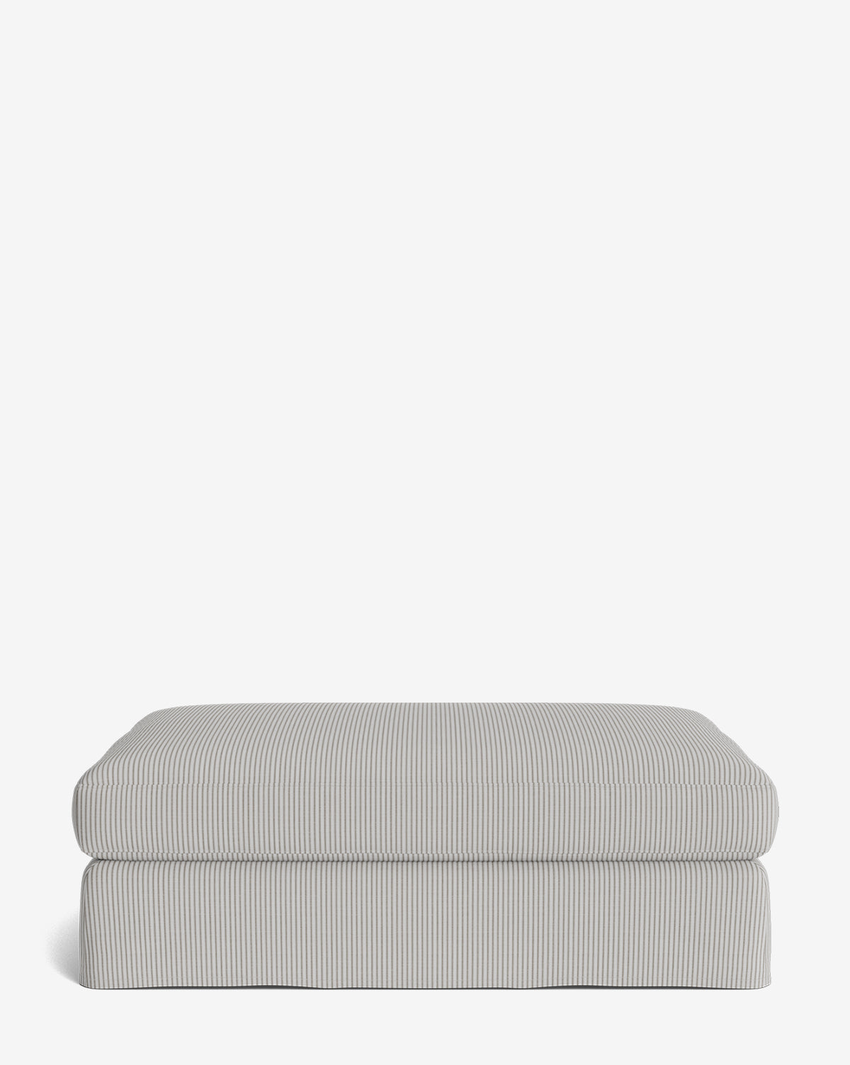 The Macy Slipcover Ottoman, upholstered in light gray and white pinstriped fabric, adds stylish flair to your living room decor and is shown here against a plain white background, by Vendixs