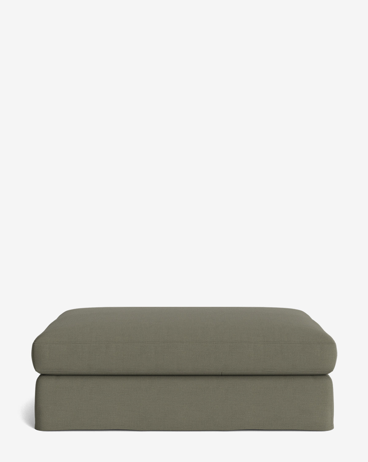 The Macy Slipcover Ottoman features a rectangular shape, olive-green fabric, and a modern design—making it a versatile addition to any living room space, by McGee & Co.