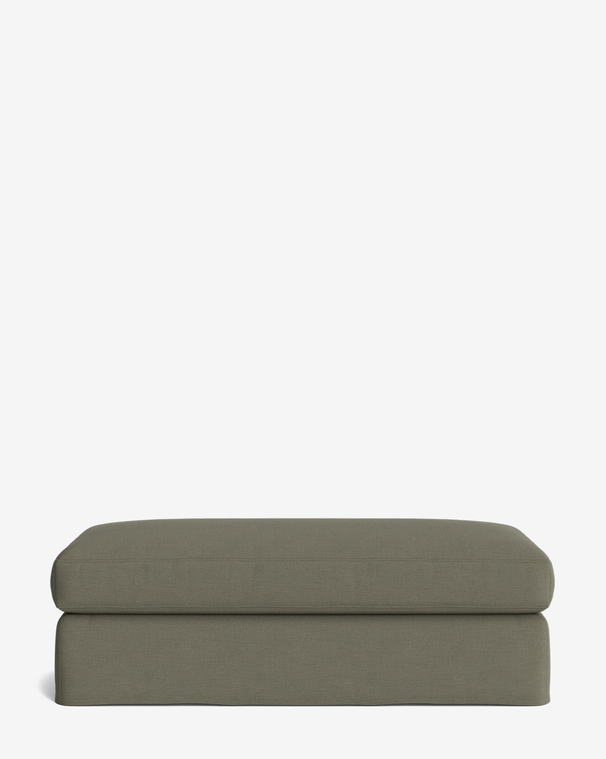 The Macy Slipcover Ottoman is a rectangular, olive green upholstered piece with a flat top and rounded edges, ideal for modern living rooms, shown on a plain white background, by McGee & Co.