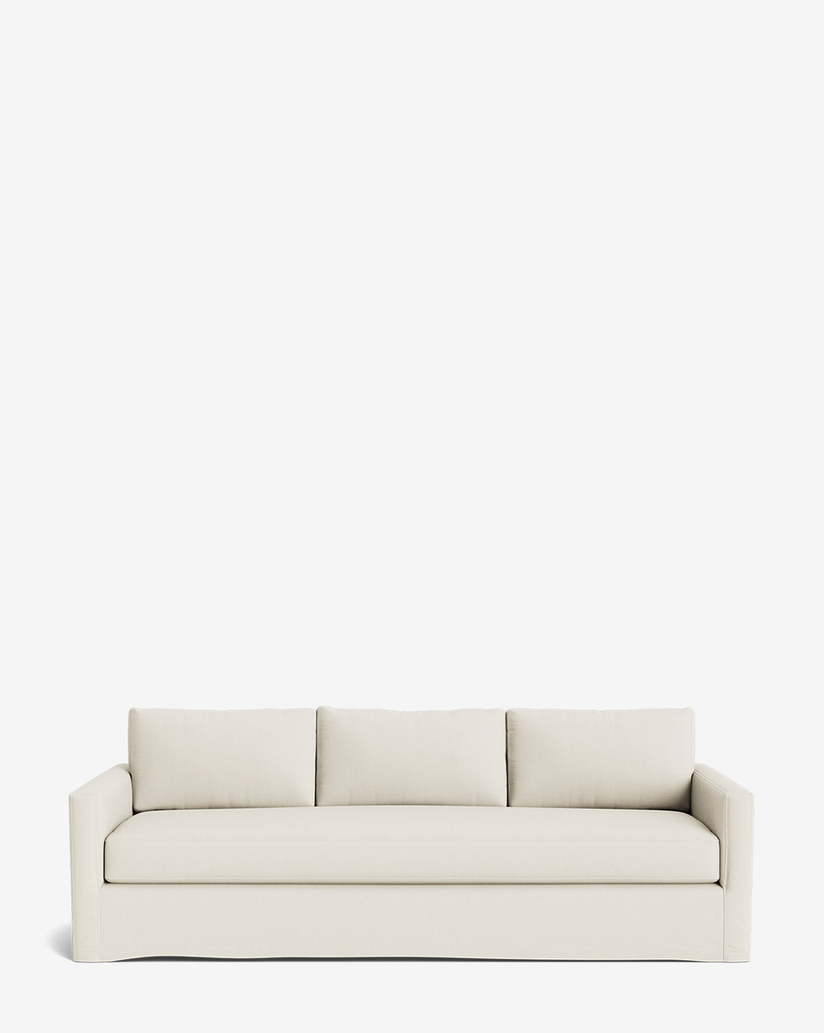 The Macy Slipcover Sofa (84-96) is a modern, off-white, customizable piece with three seat and back cushions, straight arms, and a streamlined design, shown against a plain white background, by McGee & Co.